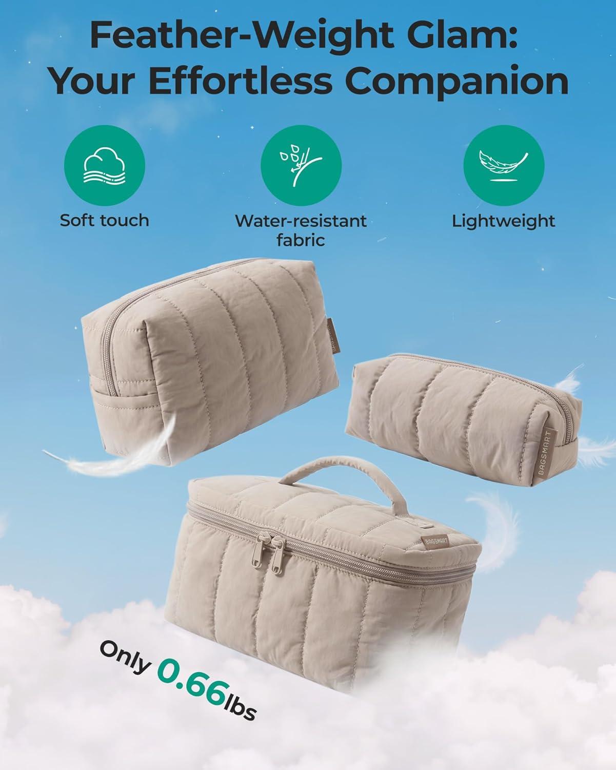 image:imageBAGSMART Travel Makeup Bag for Women 3 Pcs Puffy Quilted Cotton Cosmetic Organizer Large Toiletry Case and Small Purse Pouch for Gym Work Girls Blue Ditsy Floral02Camel