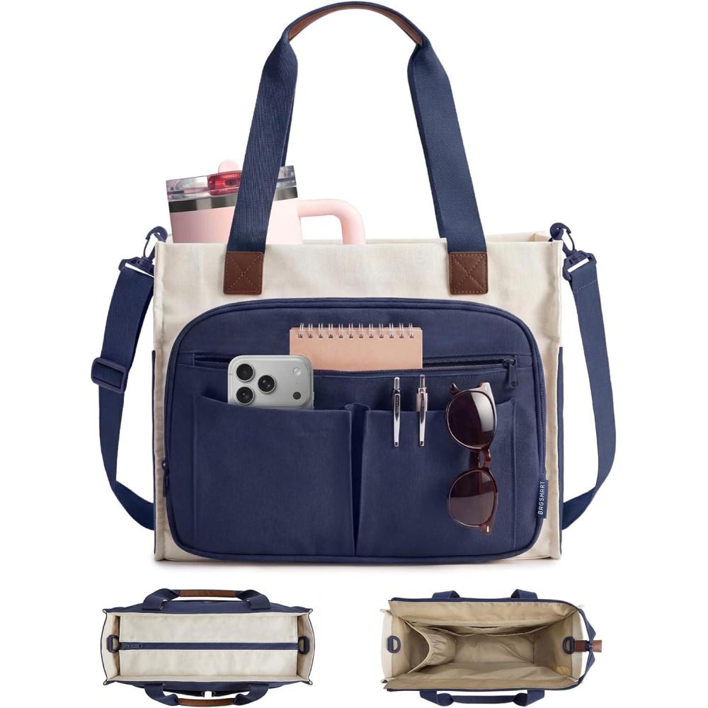 image:imageBAGSMART Canvas Tote Bag for Women Work Tote Bag with Zipper Crossbody Handbag for Travel Teacher NurseDeep Blue
