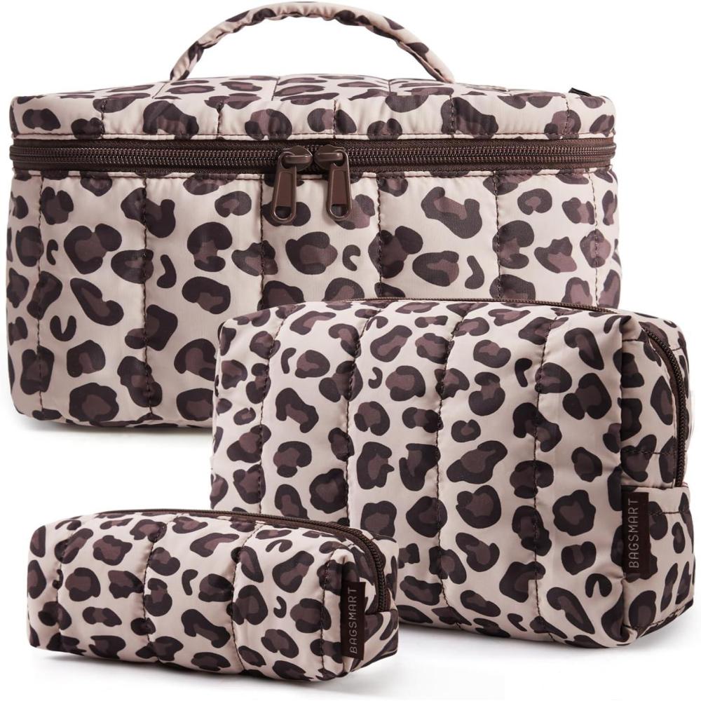image:imageBAGSMART Travel Makeup Bag for Women 3 Pcs Puffy Quilted Cotton Cosmetic Organizer Large Toiletry Case and Small Purse Pouch for Gym Work Girls Blue Ditsy Floral04Leopard Print