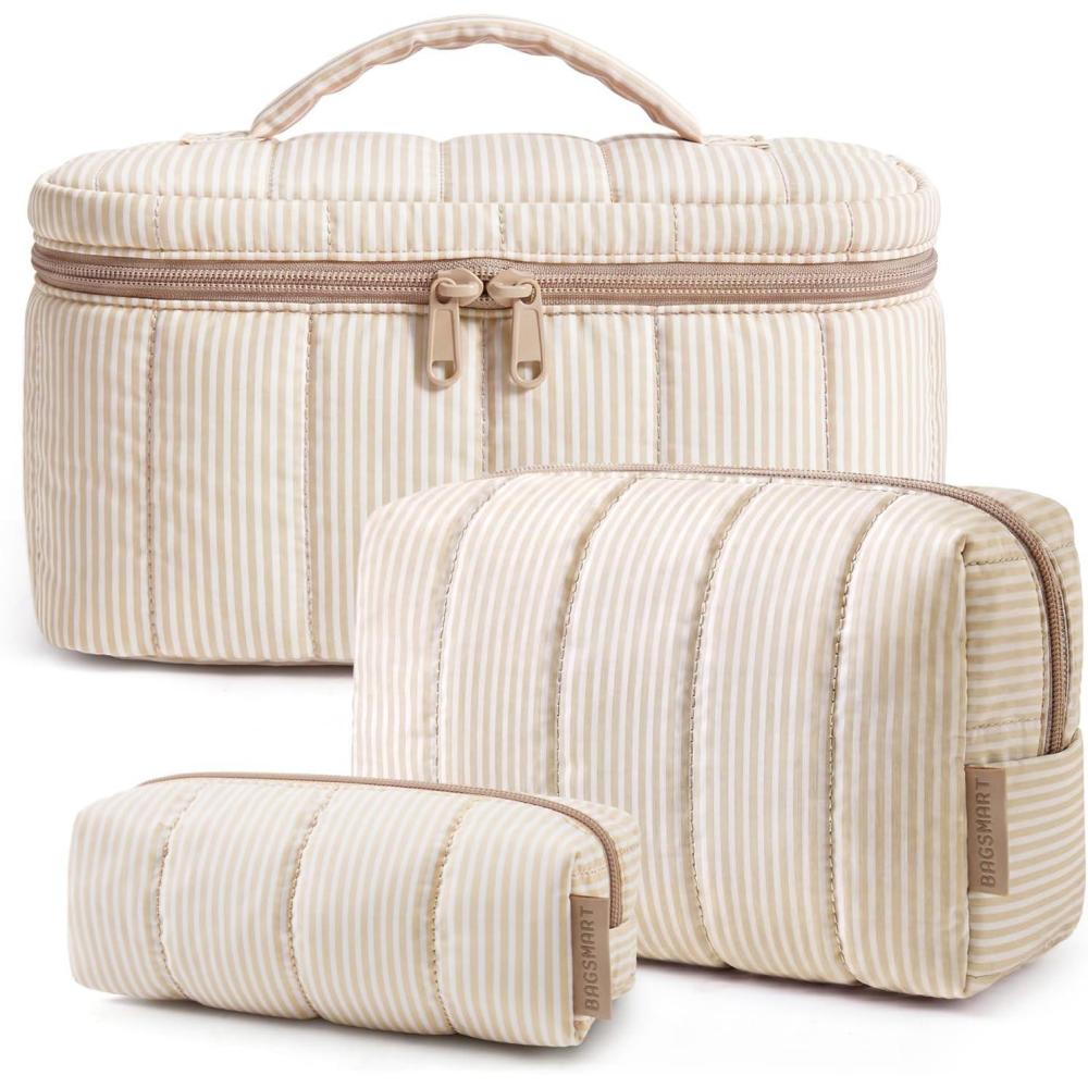 image:imageBAGSMART Travel Makeup Bag for Women 3 Pcs Puffy Quilted Cotton Cosmetic Organizer Large Toiletry Case and Small Purse Pouch for Gym Work Girls Blue Ditsy Floral06Khaki Stripe