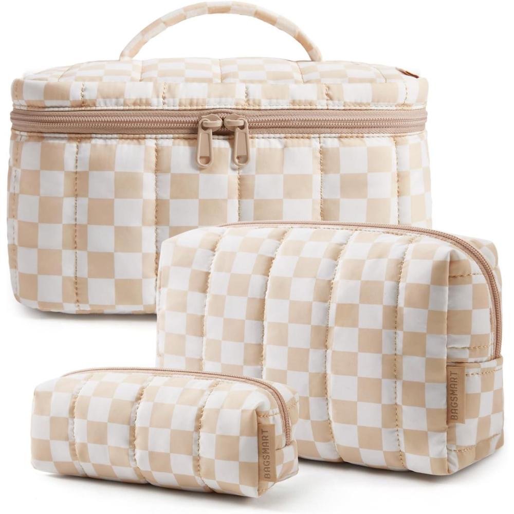 image:imageBAGSMART Travel Makeup Bag for Women 3 Pcs Puffy Quilted Cotton Cosmetic Organizer Large Toiletry Case and Small Purse Pouch for Gym Work Girls Blue Ditsy Floral06Cream  White Check