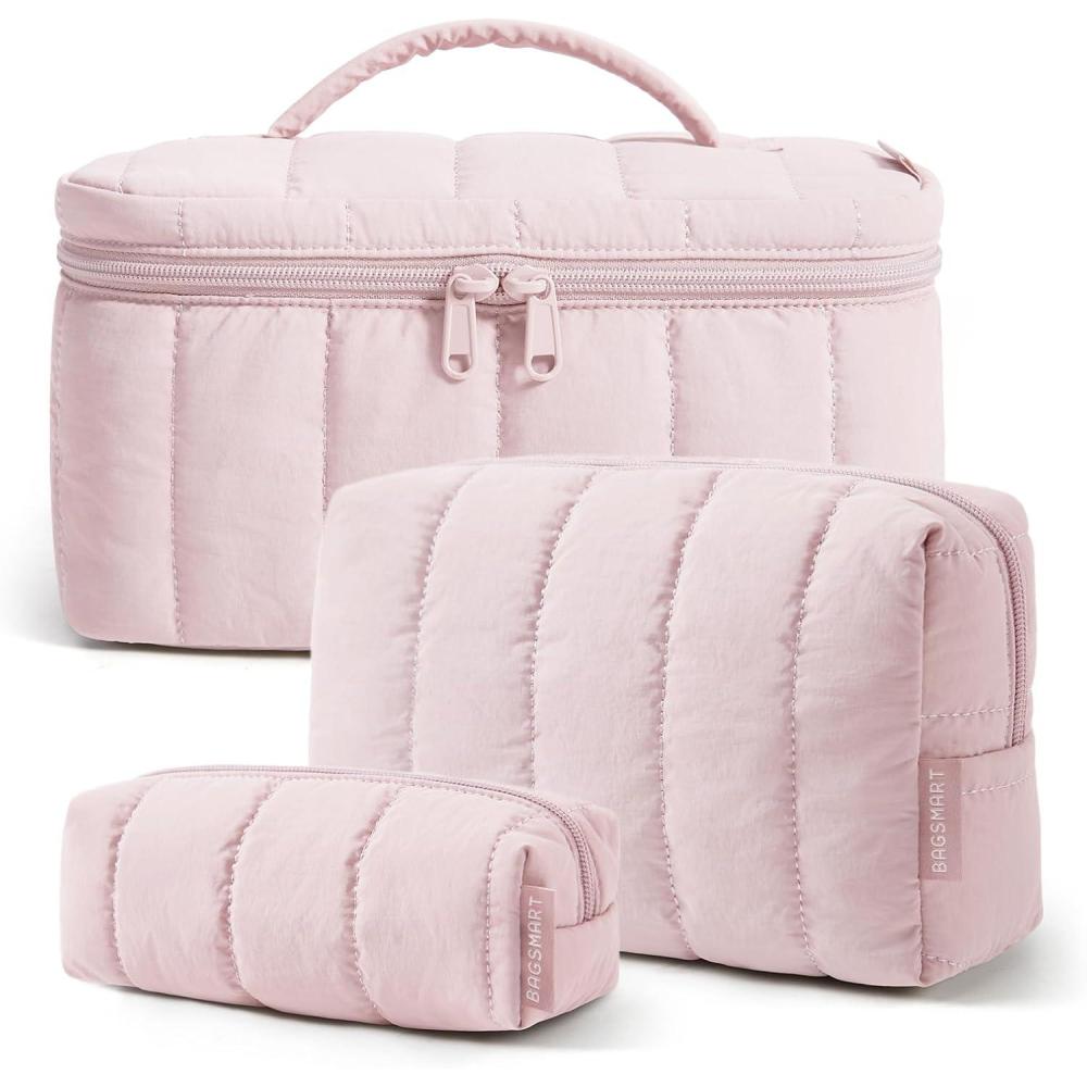 image:imageBAGSMART Travel Makeup Bag for Women 3 Pcs Puffy Quilted Cotton Cosmetic Organizer Large Toiletry Case and Small Purse Pouch for Gym Work Girls Blue Ditsy Floral03Light Blush