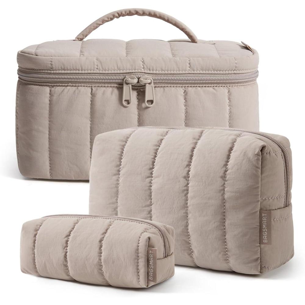 image:imageBAGSMART Travel Makeup Bag for Women 3 Pcs Puffy Quilted Cotton Cosmetic Organizer Large Toiletry Case and Small Purse Pouch for Gym Work Girls Blue Ditsy Floral02Camel