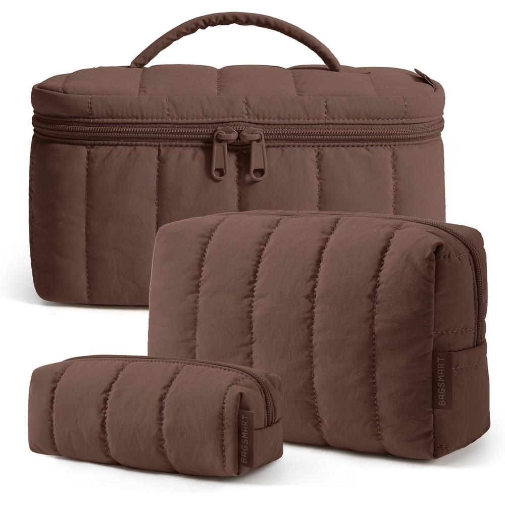 image:imageBAGSMART Travel Makeup Bag for Women 3 Pcs Puffy Quilted Cotton Cosmetic Organizer Large Toiletry Case and Small Purse Pouch for Gym Work Girls Blue Ditsy Floral05Chocolate