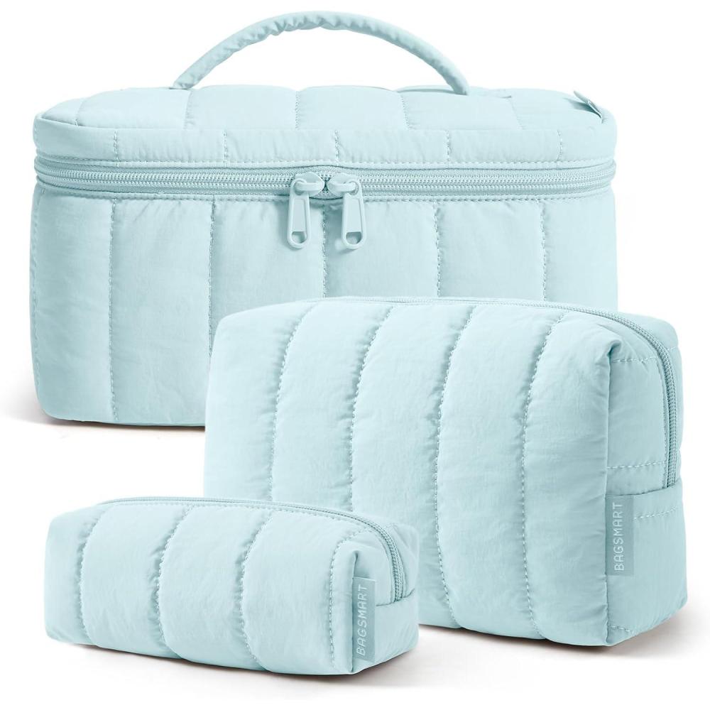 image:imageBAGSMART Travel Makeup Bag for Women 3 Pcs Puffy Quilted Cotton Cosmetic Organizer Large Toiletry Case and Small Purse Pouch for Gym Work Girls Blue Ditsy Floral06Glacier Blue