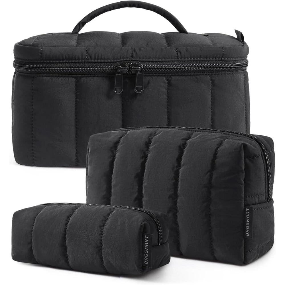 image:imageBAGSMART Travel Makeup Bag for Women 3 Pcs Puffy Quilted Cotton Cosmetic Organizer Large Toiletry Case and Small Purse Pouch for Gym Work Girls Blue Ditsy Floral01Classic