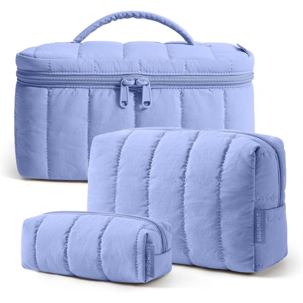 image:imageBAGSMART Travel Makeup Bag for Women 3 Pcs Puffy Quilted Cotton Cosmetic Organizer Large Toiletry Case and Small Purse Pouch for Gym Work Girls Blue Ditsy Floral05Lavender