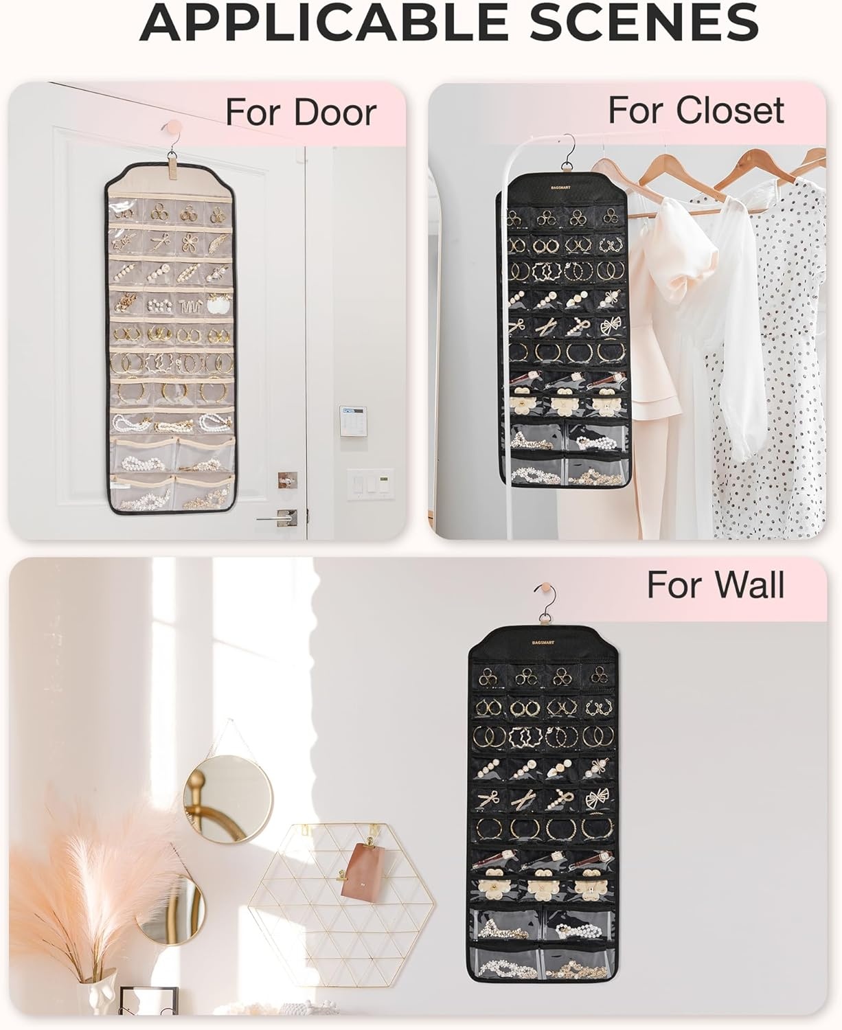 image:imageBAGSMART Hanging Jewelry Organizer Jewelry Holder Organizer Accessories Organizer 68 Pocket Earring Organizer Organizer for Wall Holding JewelriesLarge Black 1 Piece
