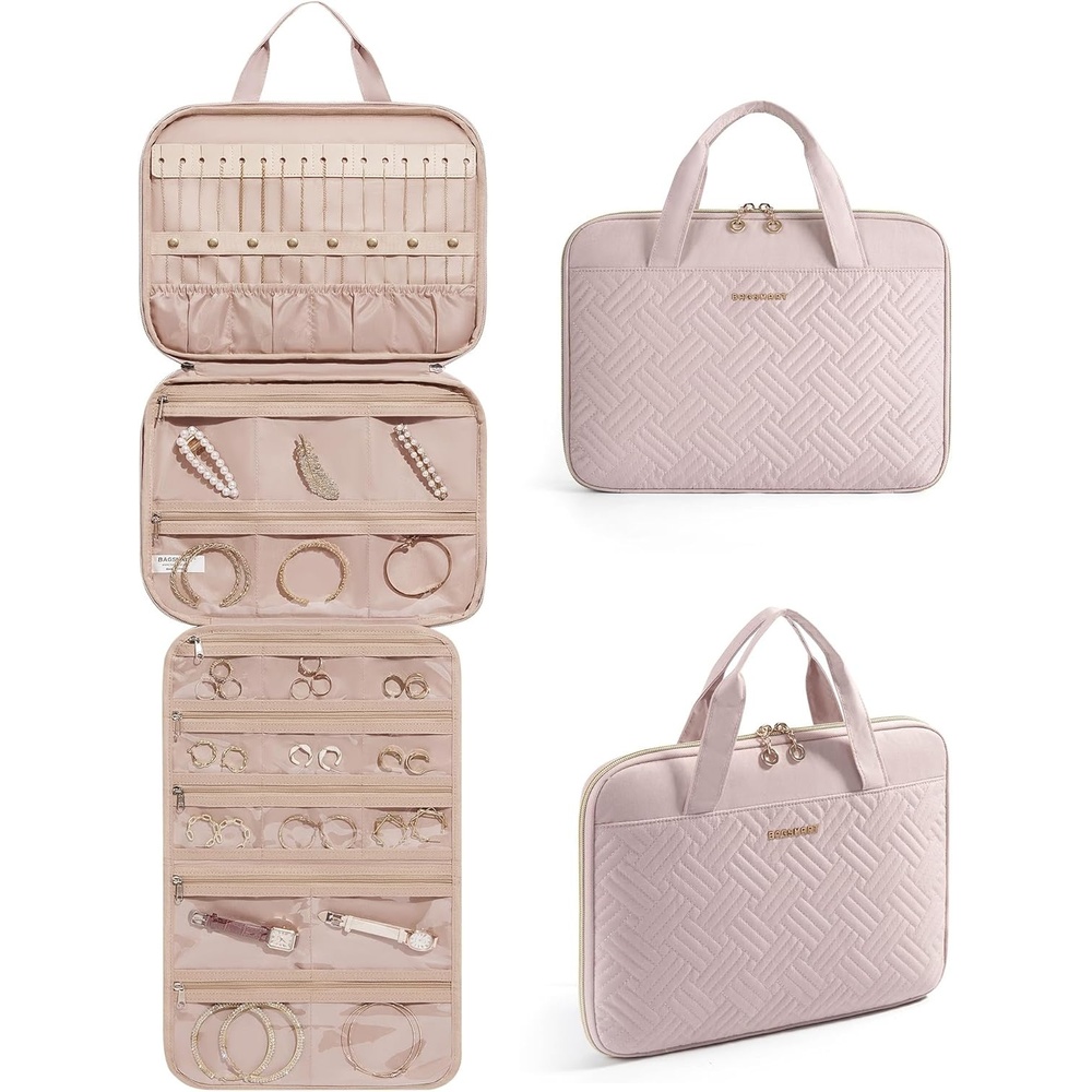 image:imageBAGSMART Travel Jewelry Organizer Case Portable Jewelry Roll Bag Tanglefree Necklace Storage Foldable Transparent Zipper Pockets for Rings Earrings Bracelet Travel Essentials BlackPink
