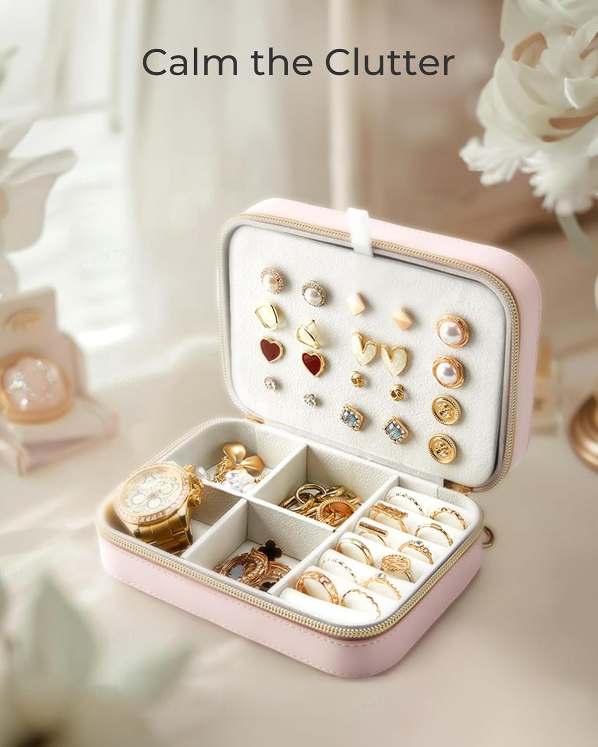 image:imageBAGSMART Travel Jewelry Box Small PU Leather Jewelry Organizer Portable Double Layer Case for Necklaces Rings Earrings Bracelets PinkBlack