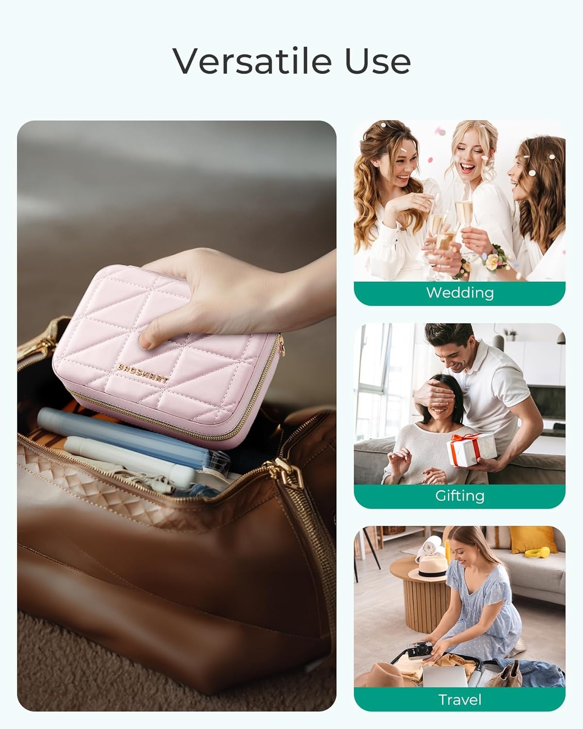 image:imageBAGSMART Travel Jewelry Box Small PU Leather Jewelry Organizer Portable Double Layer Case for Necklaces Rings Earrings Bracelets PinkBlack