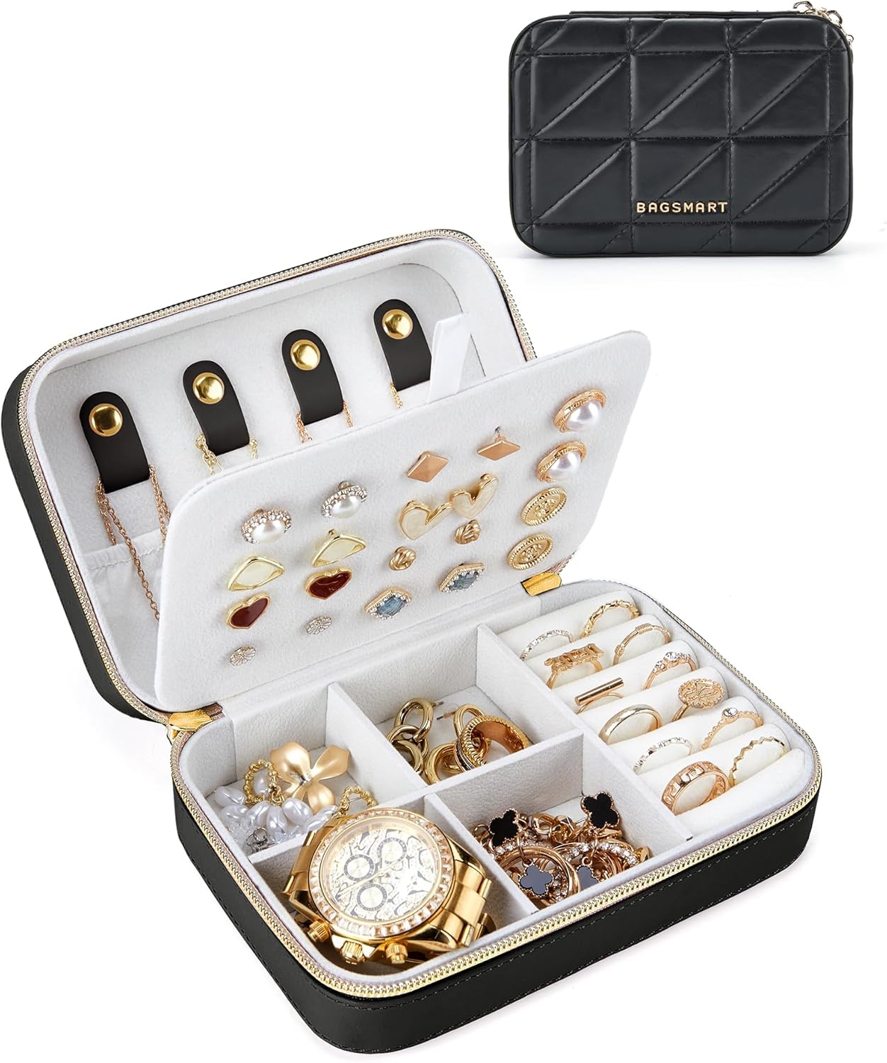 image:imageBAGSMART Travel Jewelry Box Small PU Leather Jewelry Organizer Portable Double Layer Case for Necklaces Rings Earrings Bracelets PinkBlack