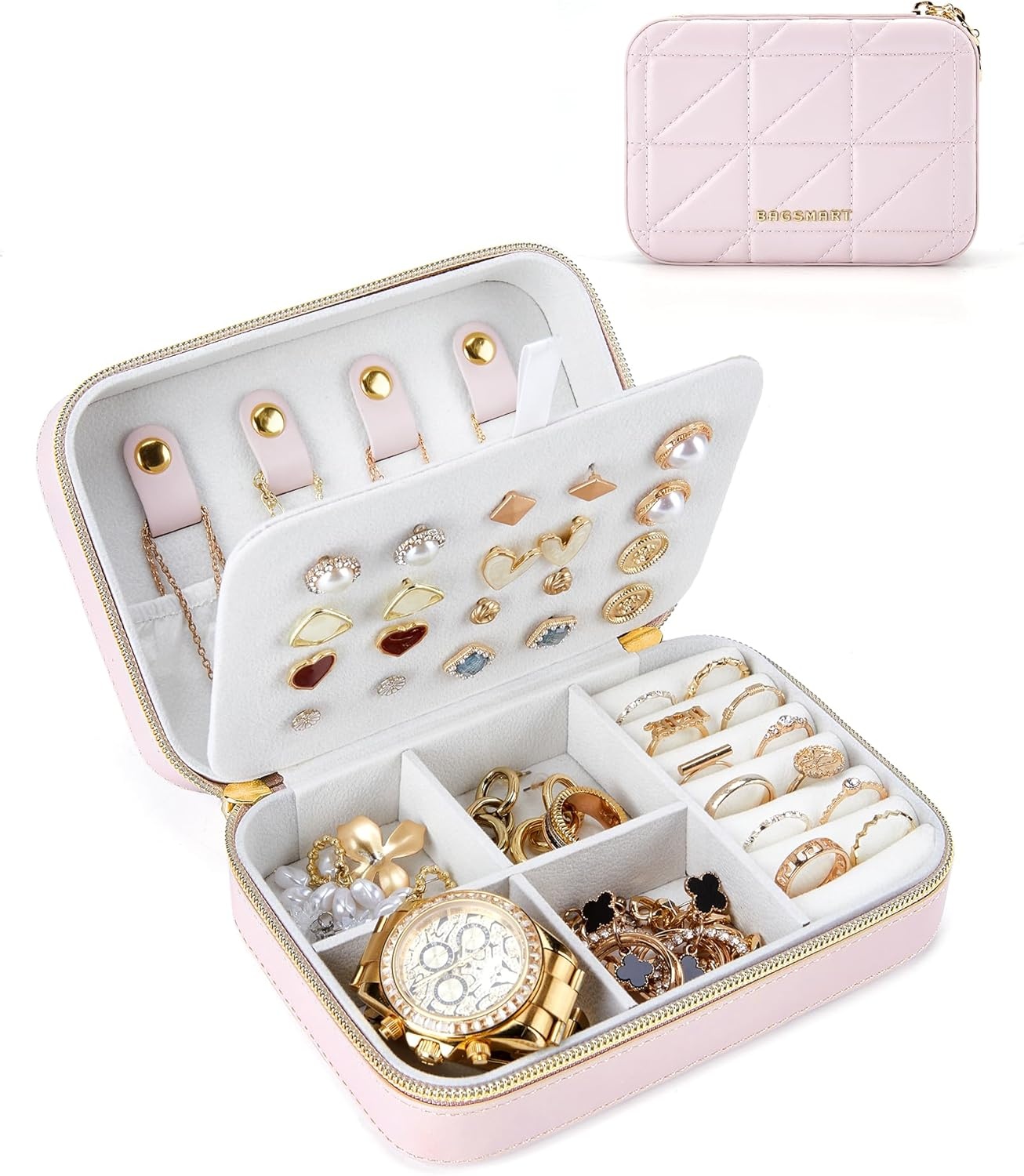 image:imageBAGSMART Travel Jewelry Box Small PU Leather Jewelry Organizer Portable Double Layer Case for Necklaces Rings Earrings Bracelets PinkPink