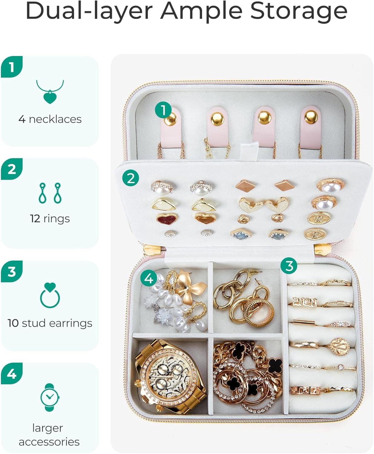 image:imageBAGSMART Travel Jewelry Box Small PU Leather Jewelry Organizer Portable Double Layer Case for Necklaces Rings Earrings Bracelets PinkPink