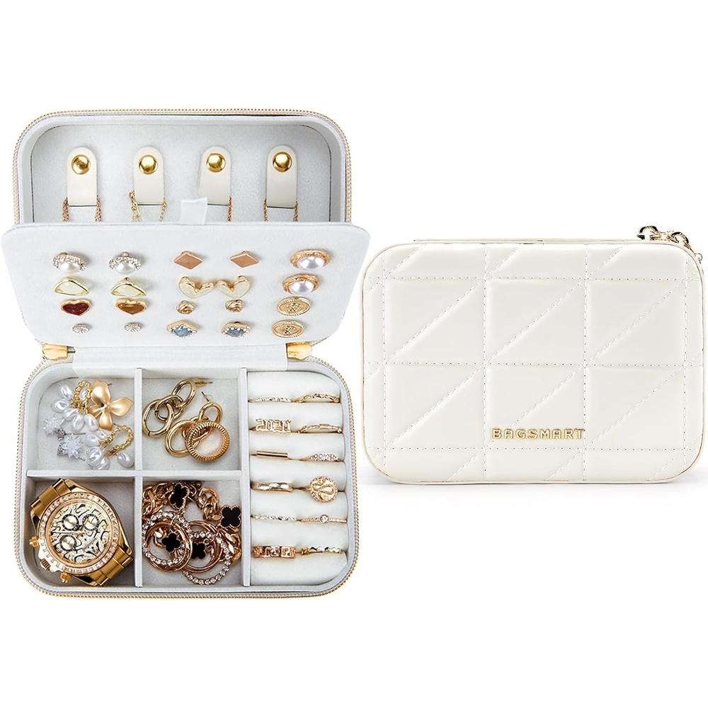 image:imageBAGSMART Travel Jewelry Box Small PU Leather Jewelry Organizer Portable Double Layer Case for Necklaces Rings Earrings Bracelets PinkBeige