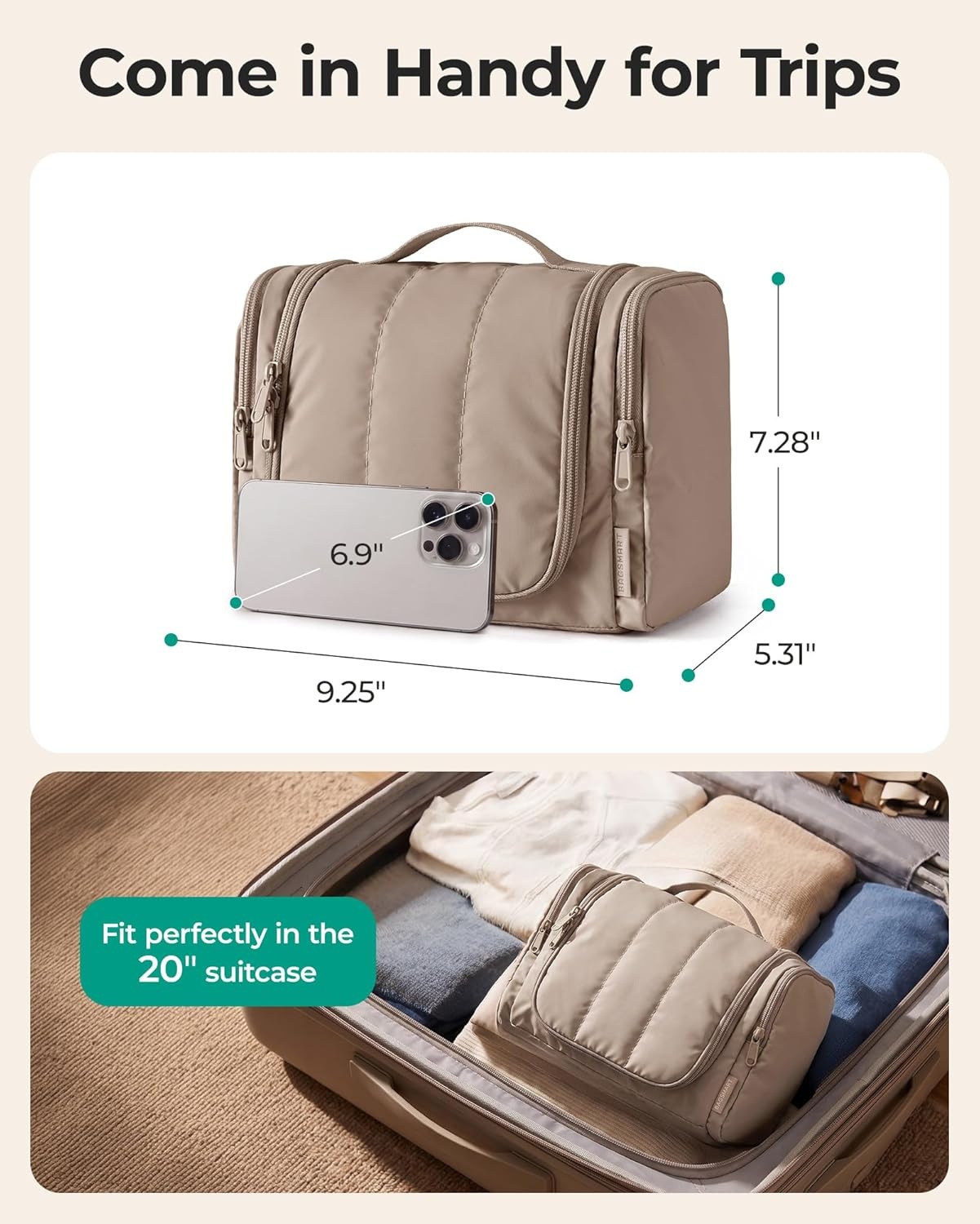 image:imageBAGSMART Travel Toiletry Bag for Women Puffy Hanging Toiletry Bag with Hook Waterresistant Toiletry Organizer for Full Sized Toiletries BlackCamel
