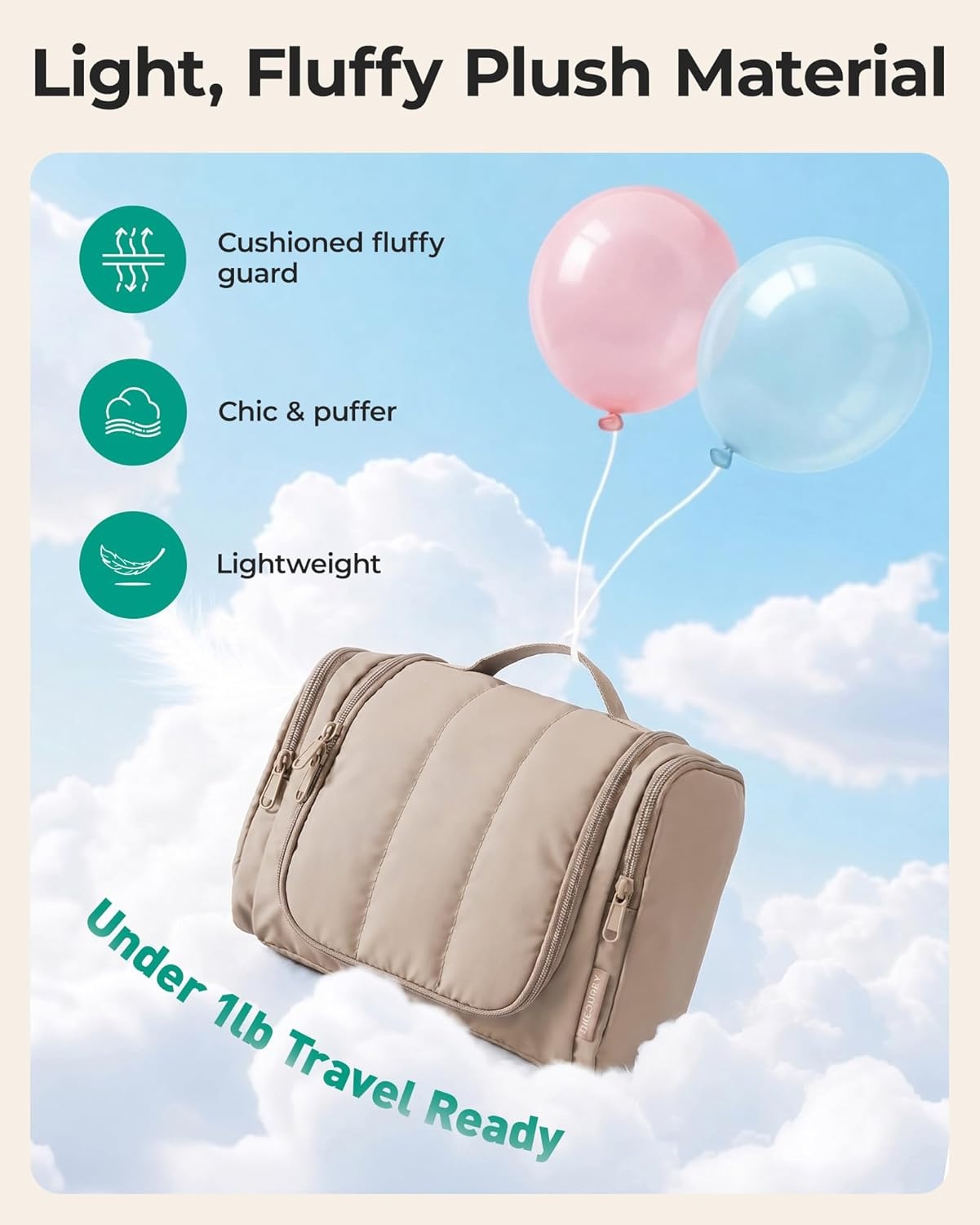 image:imageBAGSMART Travel Toiletry Bag for Women Puffy Hanging Toiletry Bag with Hook Waterresistant Toiletry Organizer for Full Sized Toiletries BlackCamel