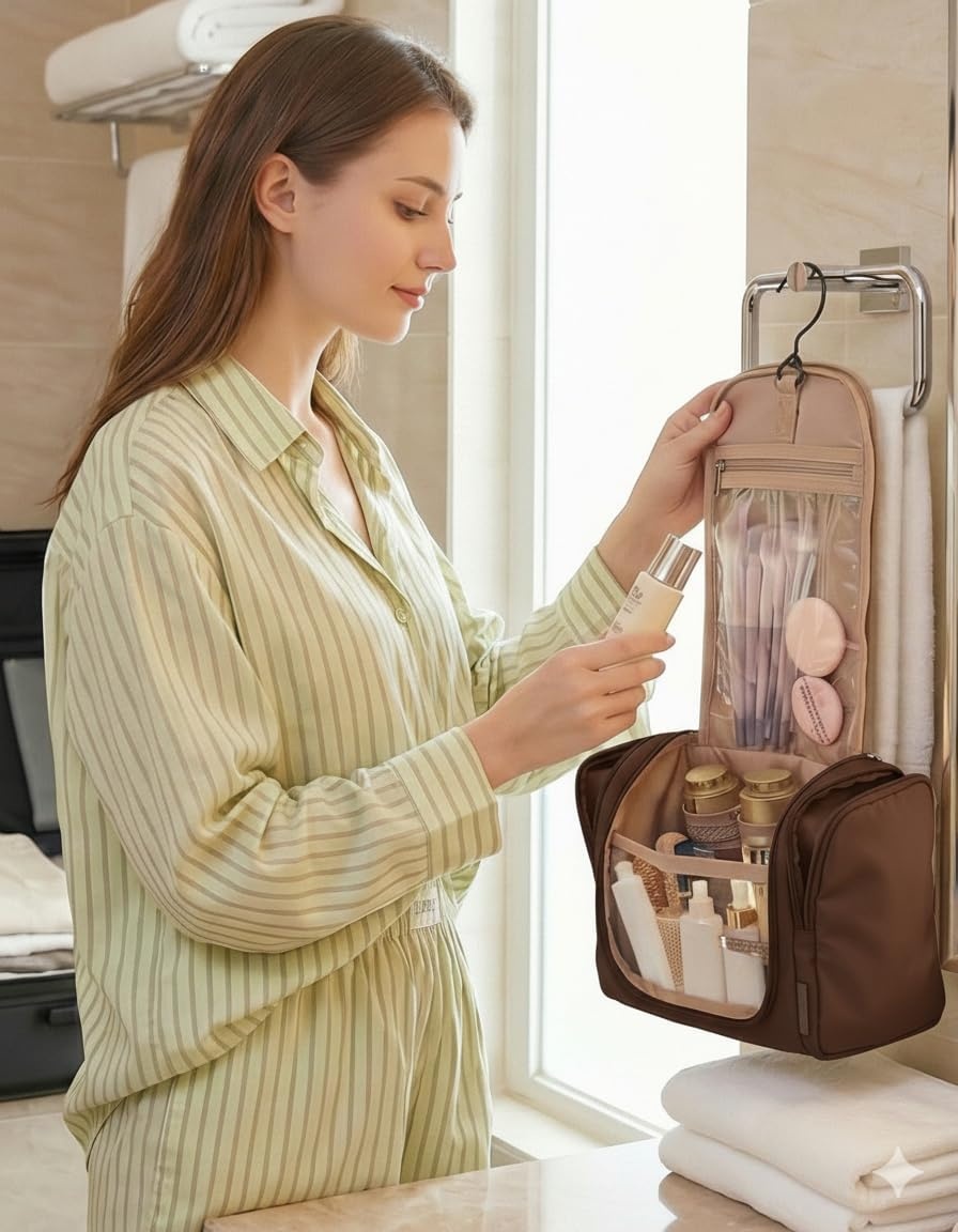 image:imageBAGSMART Travel Toiletry Bag for Women Puffy Hanging Toiletry Bag with Hook Waterresistant Toiletry Organizer for Full Sized Toiletries BlackCoffee Brown