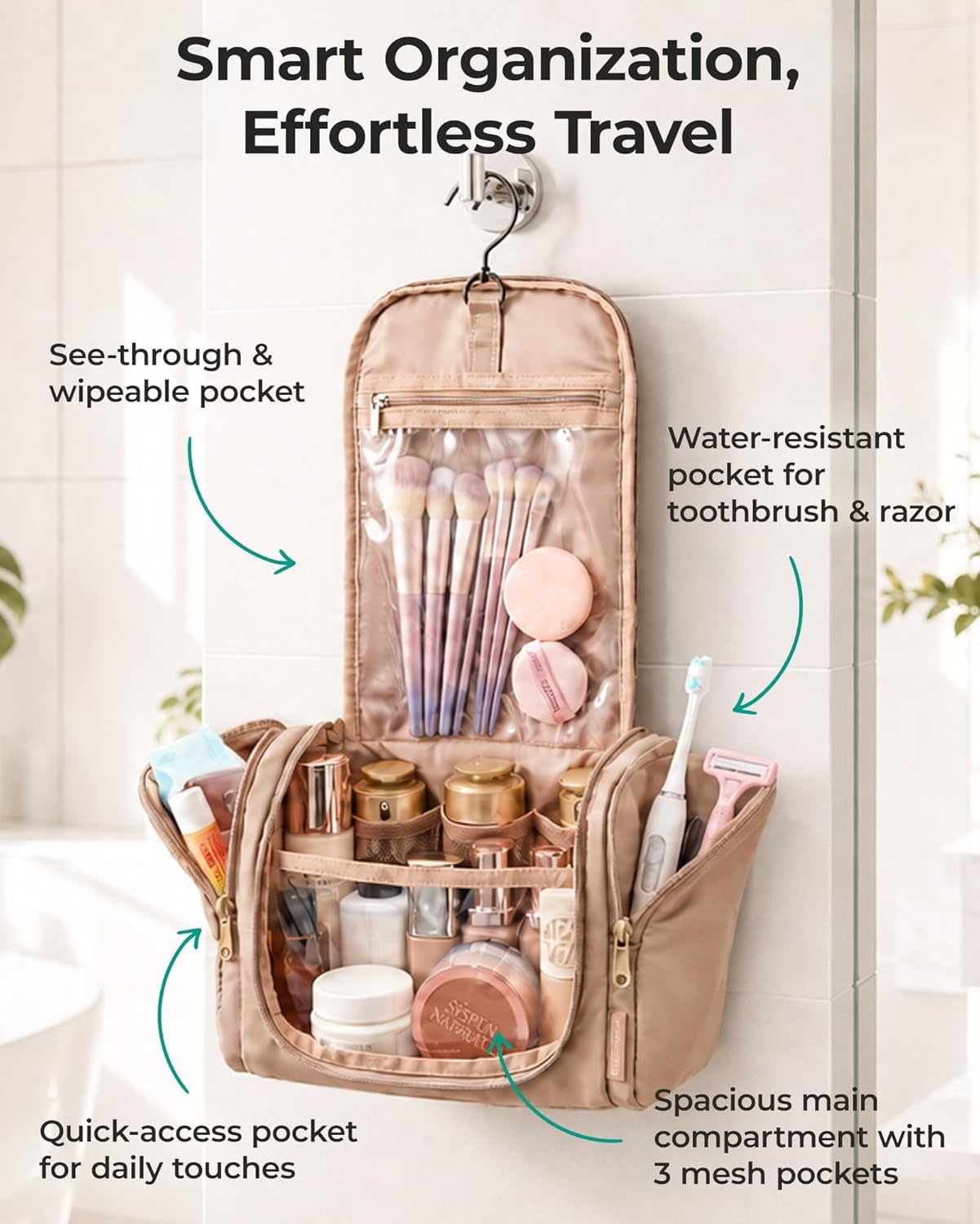 image:imageBAGSMART Travel Toiletry Bag for Women Puffy Hanging Toiletry Bag with Hook Waterresistant Toiletry Organizer for Full Sized Toiletries BlackLight Beige