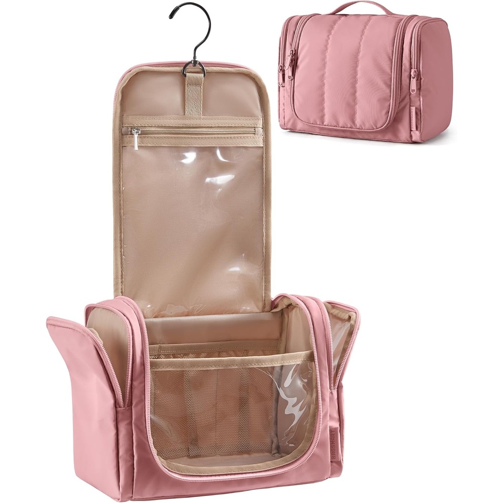 image:imageBAGSMART Travel Toiletry Bag for Women Puffy Hanging Toiletry Bag with Hook Waterresistant Toiletry Organizer for Full Sized Toiletries BlackDusty Rose