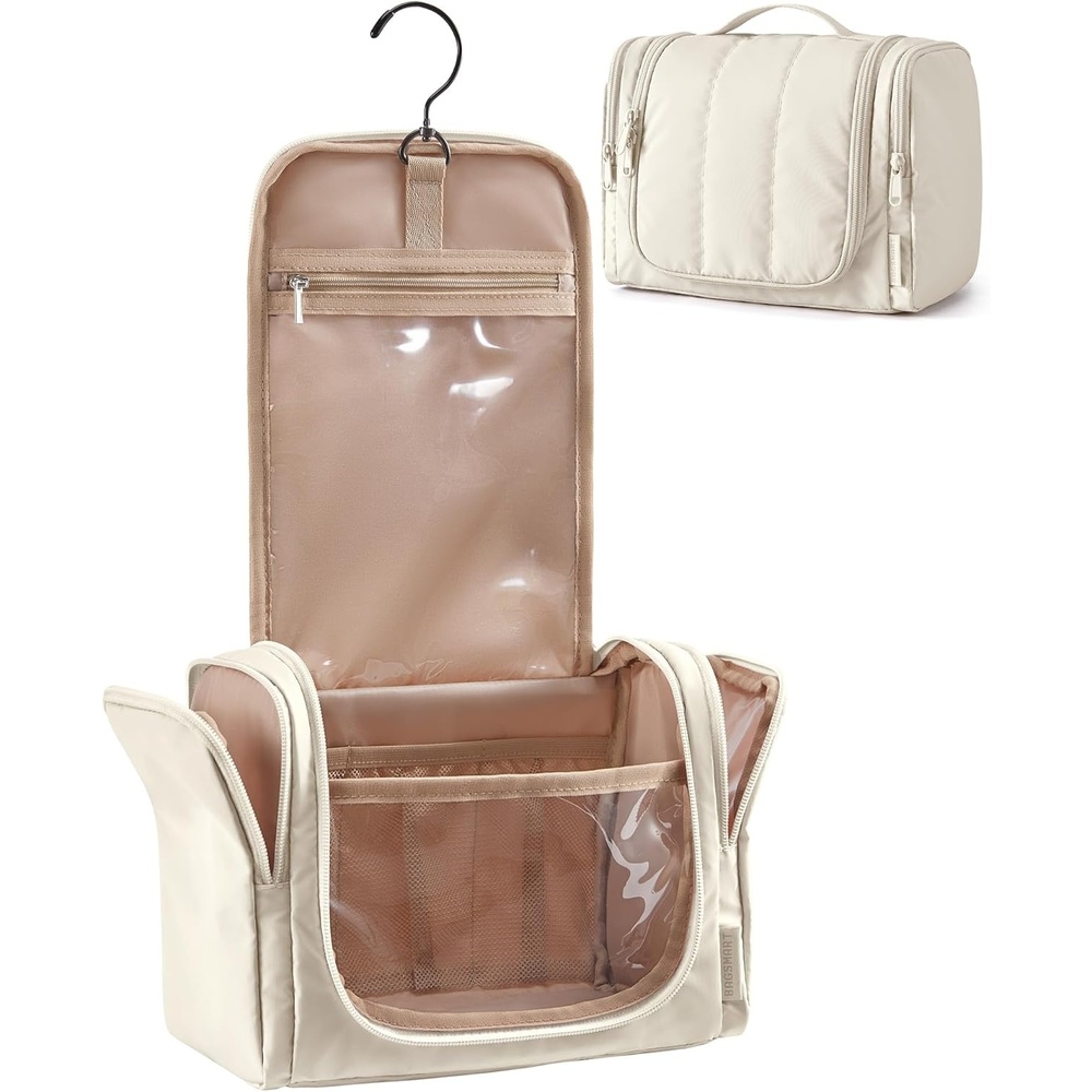 image:imageBAGSMART Travel Toiletry Bag for Women Puffy Hanging Toiletry Bag with Hook Waterresistant Toiletry Organizer for Full Sized Toiletries BlackLight Beige