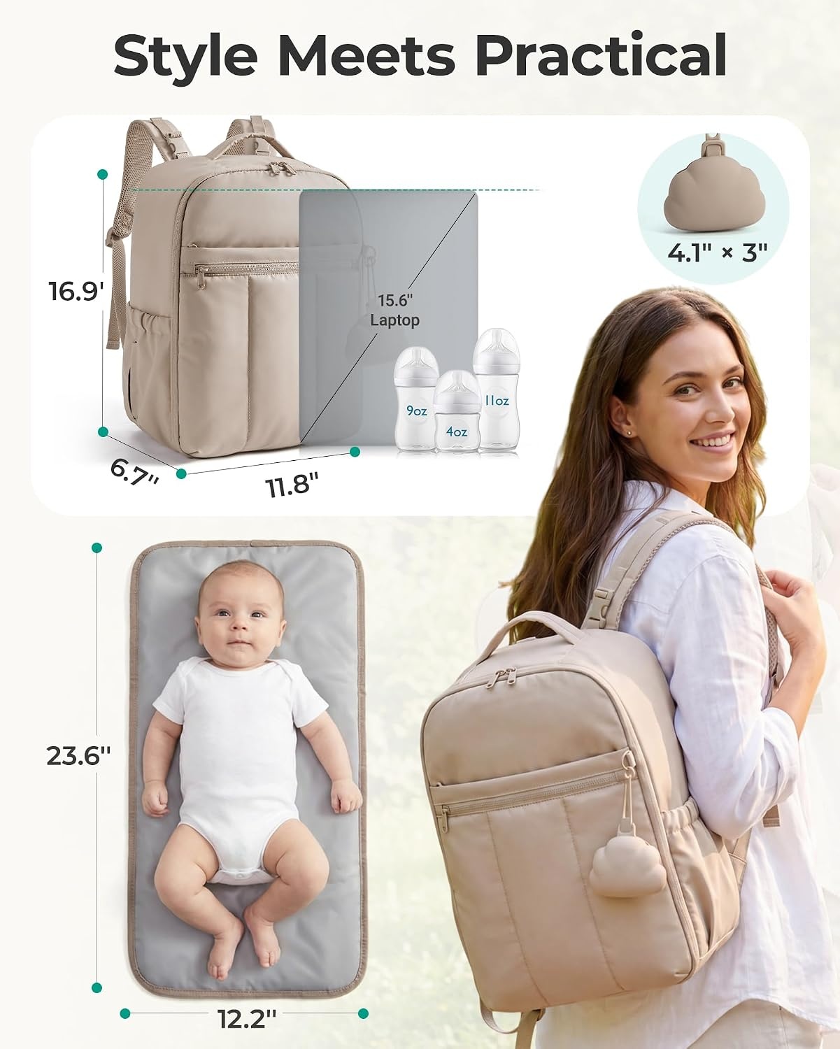 image:imageBAGSMART Baby Diaper Bag Backpack Lightweight Puffy Diaper Bag with Insulated Pocketsamp Pacifier Case Travel Stroller Straps with Waterproof Changing Pad CamelBlack