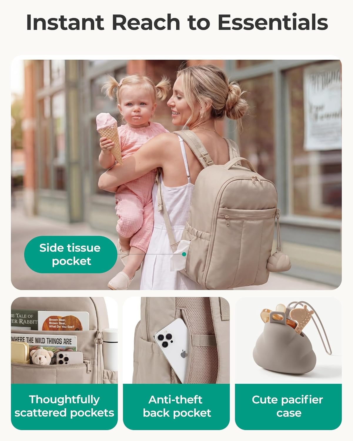 image:imageBAGSMART Baby Diaper Bag Backpack Lightweight Puffy Diaper Bag with Insulated Pocketsamp Pacifier Case Travel Stroller Straps with Waterproof Changing Pad CamelBlack