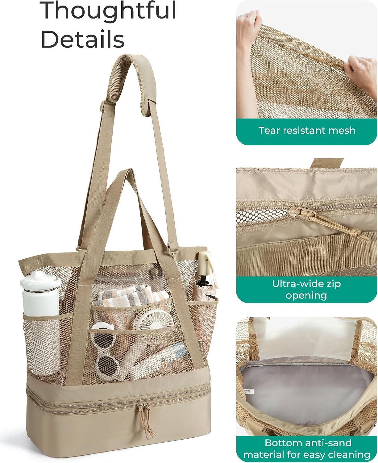 image:imageBAGSMART Beach Bag for Women Mesh Tote Bags with Zipper Sandproof Vacation Essentials with Cooler for Swim Cruise PoolBeige165l79w193h