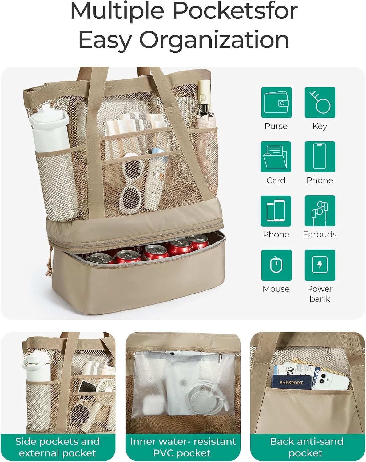 image:imageBAGSMART Beach Bag for Women Mesh Tote Bags with Zipper Sandproof Vacation Essentials with Cooler for Swim Cruise PoolBeige165l79w193h