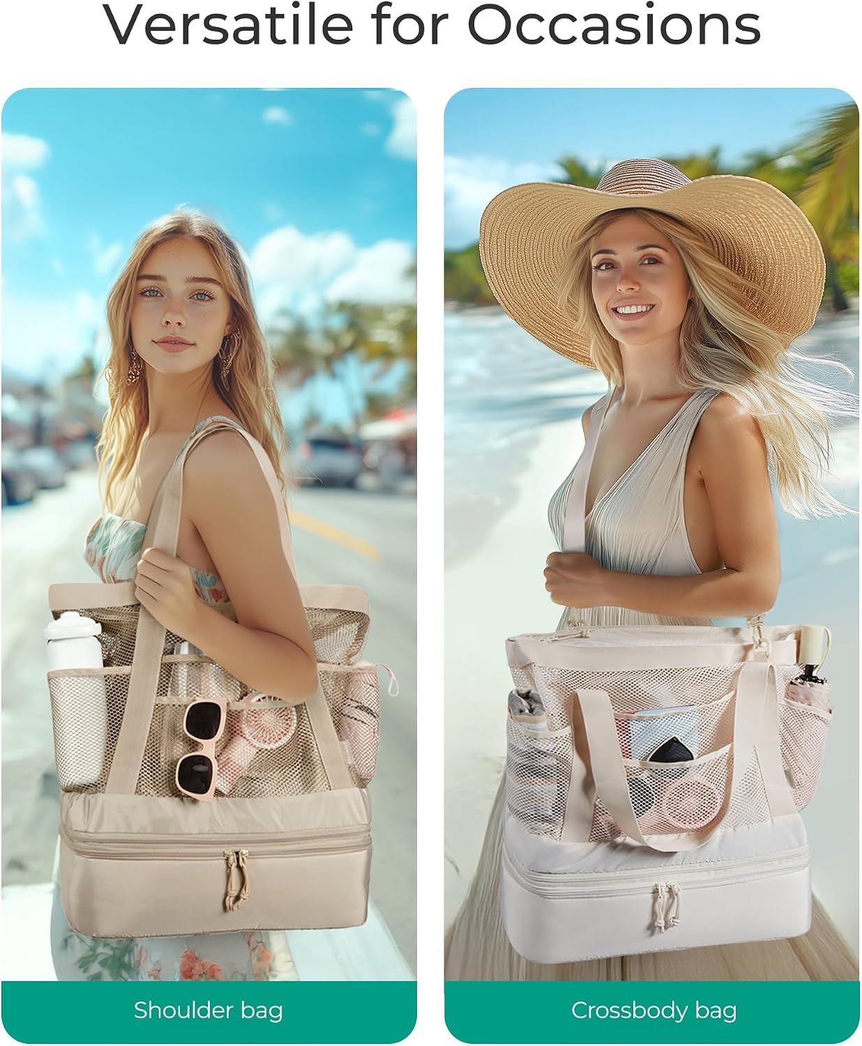 image:imageBAGSMART Beach Bag for Women Mesh Tote Bags with Zipper Sandproof Vacation Essentials with Cooler for Swim Cruise PoolPink