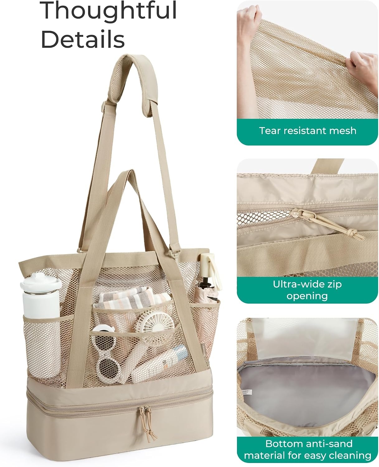 image:imageBAGSMART Beach Bag for Women Mesh Tote Bags with Zipper Sandproof Vacation Essentials with Cooler for Swim Cruise PoolPink