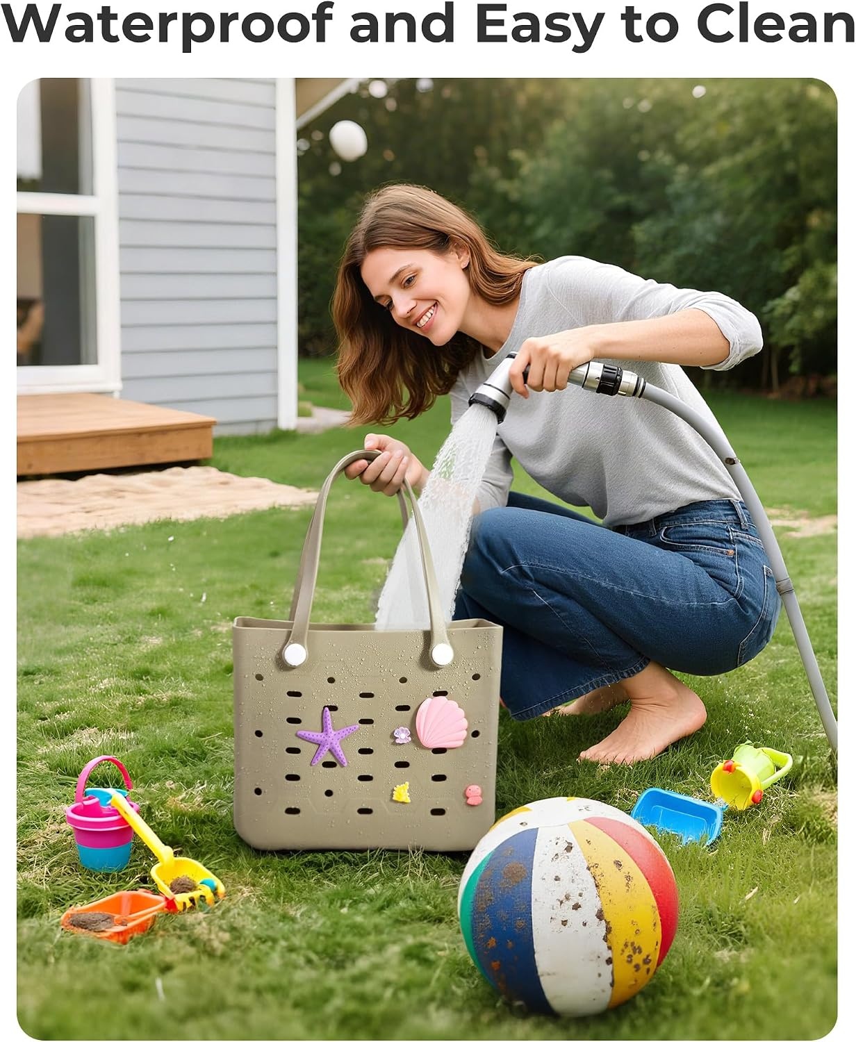 image:imageBAGSMART Beach Bag for Women Waterresistant Rubber Tote Bag Sandproof Vacation Essentials for Summer Swim Cruise PoolSea Glass Sage