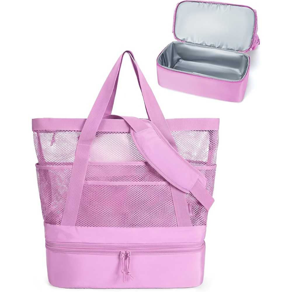 image:imageBAGSMART Beach Bag for Women Mesh Tote Bags with Zipper Sandproof Vacation Essentials with Cooler for Swim Cruise PoolPurple