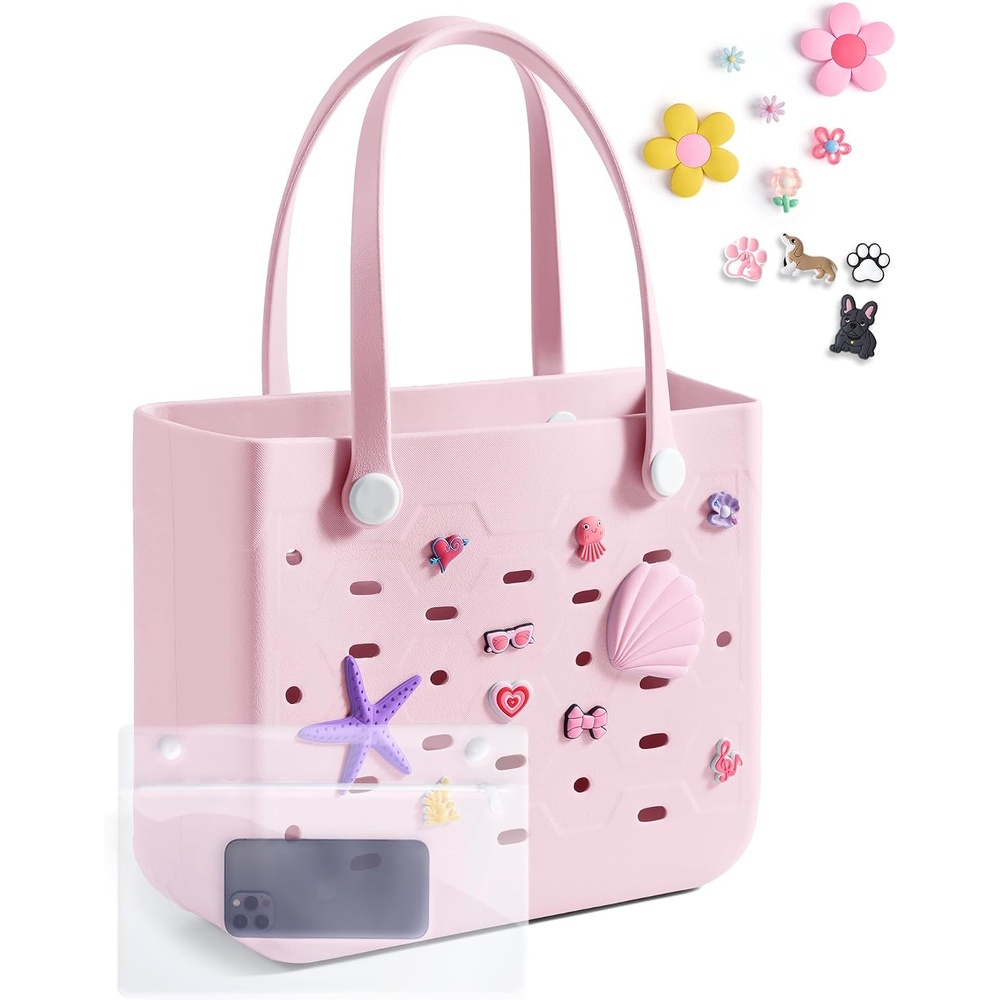 image:imageBAGSMART Beach Bag for Women Waterresistant Rubber Tote Bag Sandproof Vacation Essentials for Summer Swim Cruise PoolBlush