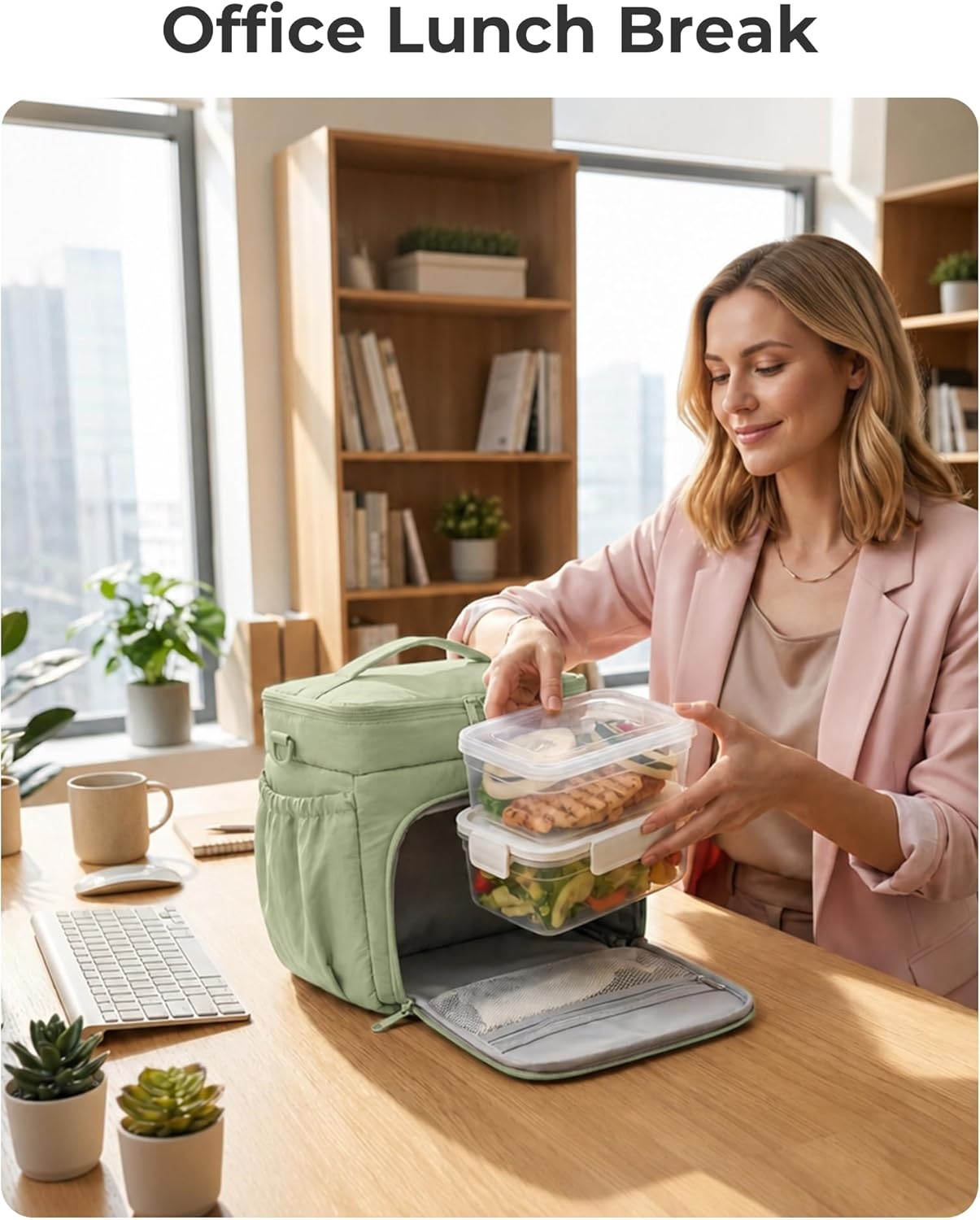 image:imageBAGSMART Puffy Insulated Lunch Bag Lightweight Large 14L Double Deck Lunch Box for Women Soft Cooler Tote for Office Work Travel Camping with Stretch Side Pockets Fits 40 oz Bottle Coffee BrownSage Green