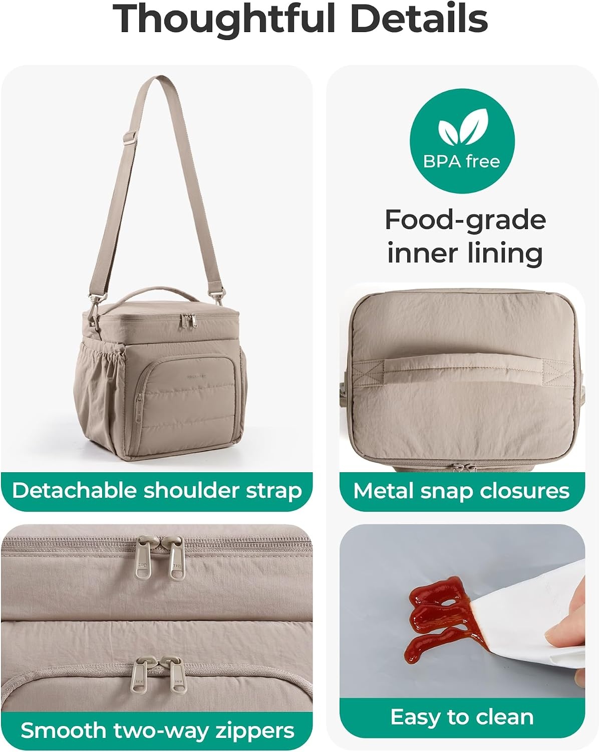 image:imageBAGSMART Puffy Insulated Lunch Bag Lightweight Large 14L Double Deck Lunch Box for Women Soft Cooler Tote for Office Work Travel Camping with Stretch Side Pockets Fits 40 oz Bottle Coffee BrownBlue
