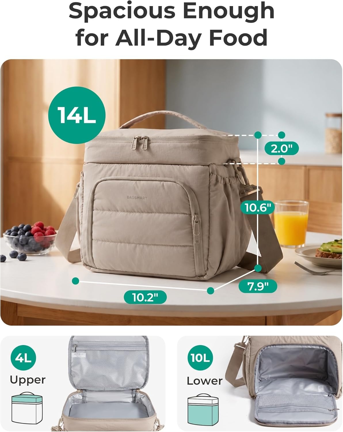image:imageBAGSMART Puffy Insulated Lunch Bag Lightweight Large 14L Double Deck Lunch Box for Women Soft Cooler Tote for Office Work Travel Camping with Stretch Side Pockets Fits 40 oz Bottle Coffee BrownBlack