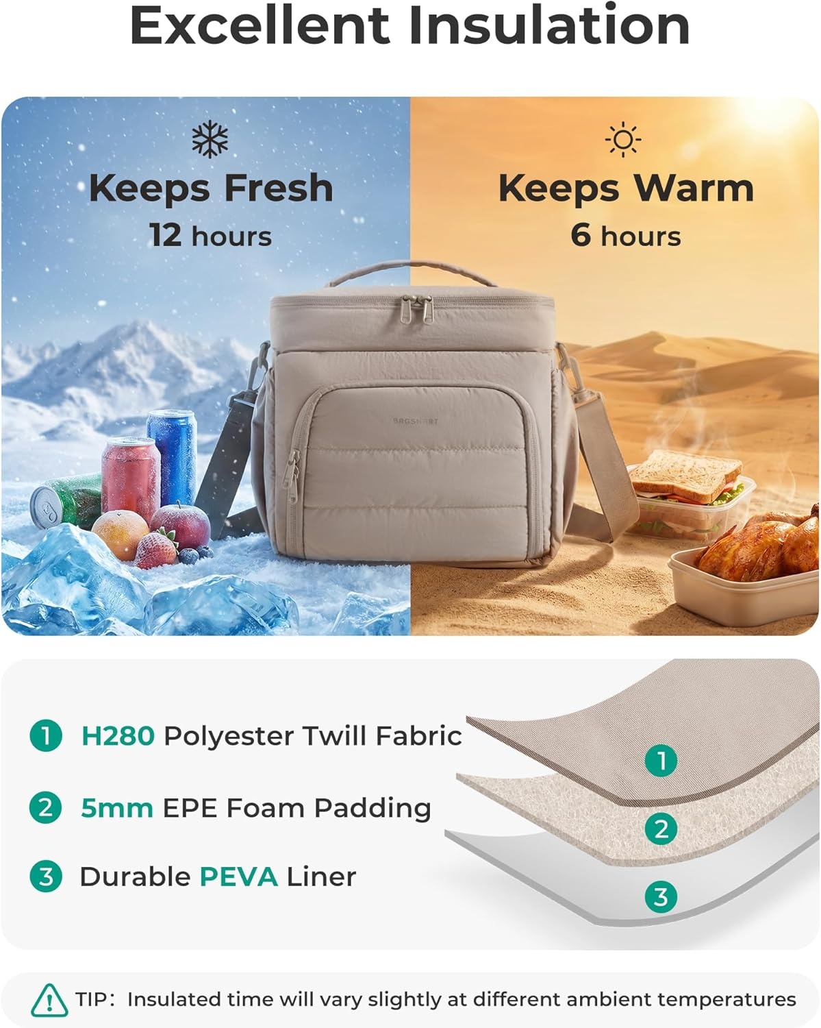 image:imageBAGSMART Puffy Insulated Lunch Bag Lightweight Large 14L Double Deck Lunch Box for Women Soft Cooler Tote for Office Work Travel Camping with Stretch Side Pockets Fits 40 oz Bottle Coffee BrownPink