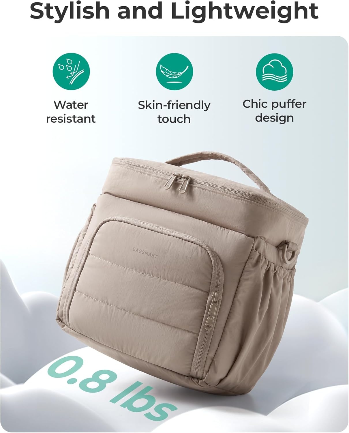 image:imageBAGSMART Puffy Insulated Lunch Bag Lightweight Large 14L Double Deck Lunch Box for Women Soft Cooler Tote for Office Work Travel Camping with Stretch Side Pockets Fits 40 oz Bottle Coffee BrownBlue