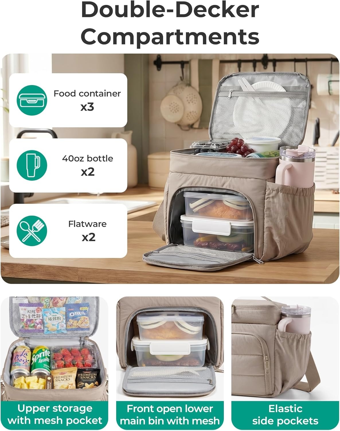 image:imageBAGSMART Puffy Insulated Lunch Bag Lightweight Large 14L Double Deck Lunch Box for Women Soft Cooler Tote for Office Work Travel Camping with Stretch Side Pockets Fits 40 oz Bottle Coffee BrownCamel