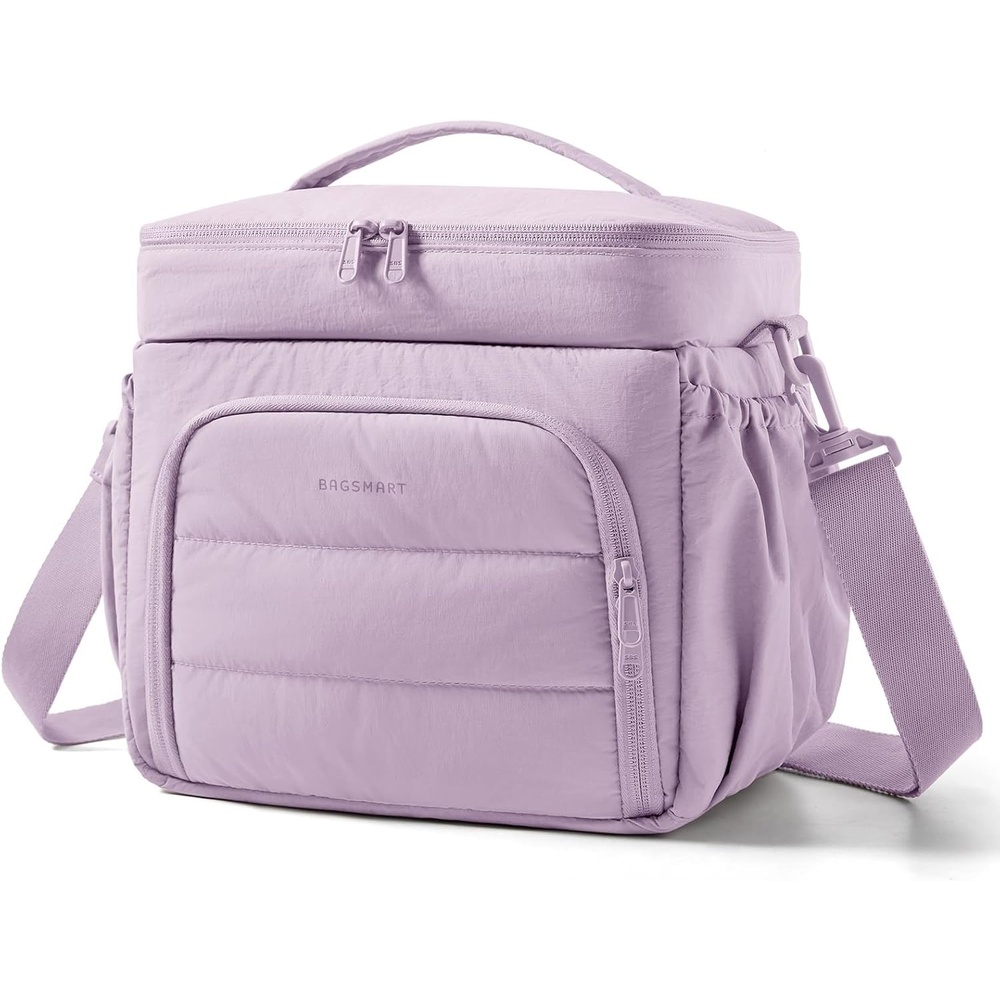 image:imageBAGSMART Puffy Insulated Lunch Bag Lightweight Large 14L Double Deck Lunch Box for Women Soft Cooler Tote for Office Work Travel Camping with Stretch Side Pockets Fits 40 oz Bottle Coffee BrownLavender Purple