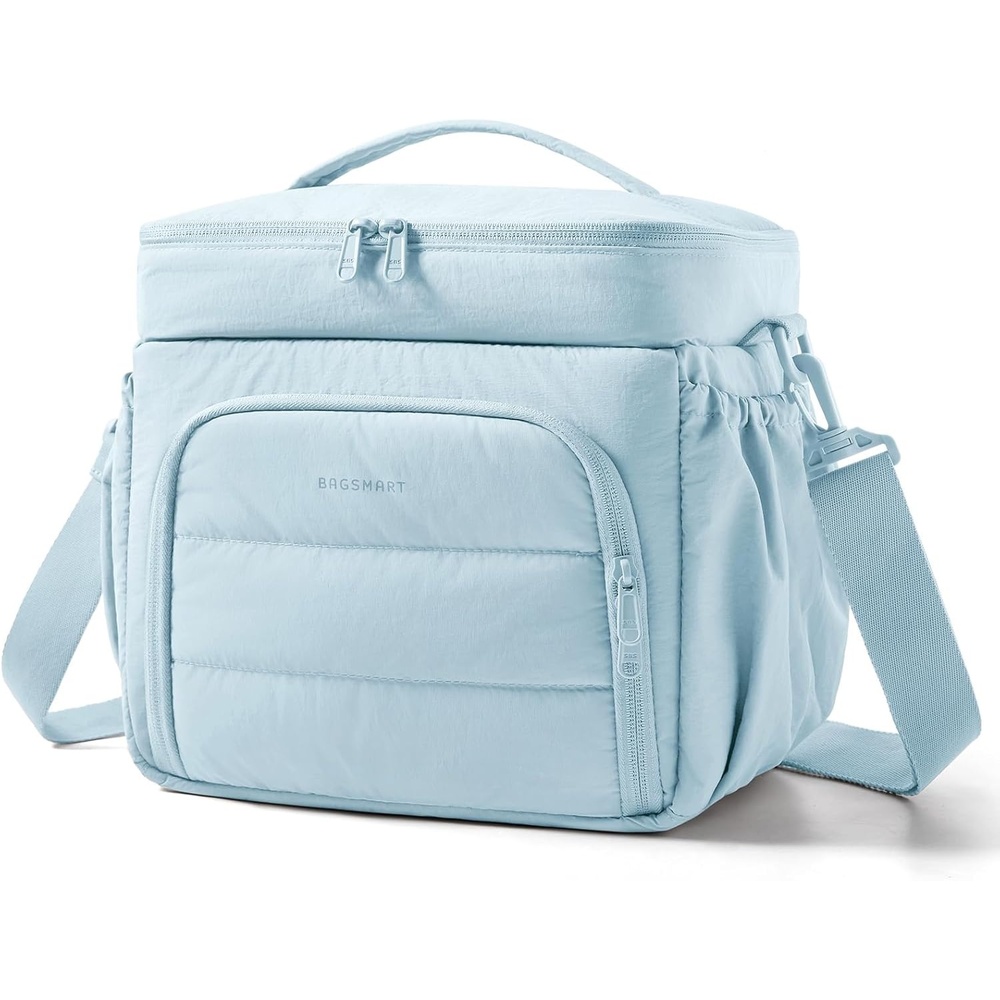 image:imageBAGSMART Puffy Insulated Lunch Bag Lightweight Large 14L Double Deck Lunch Box for Women Soft Cooler Tote for Office Work Travel Camping with Stretch Side Pockets Fits 40 oz Bottle Coffee BrownBlue
