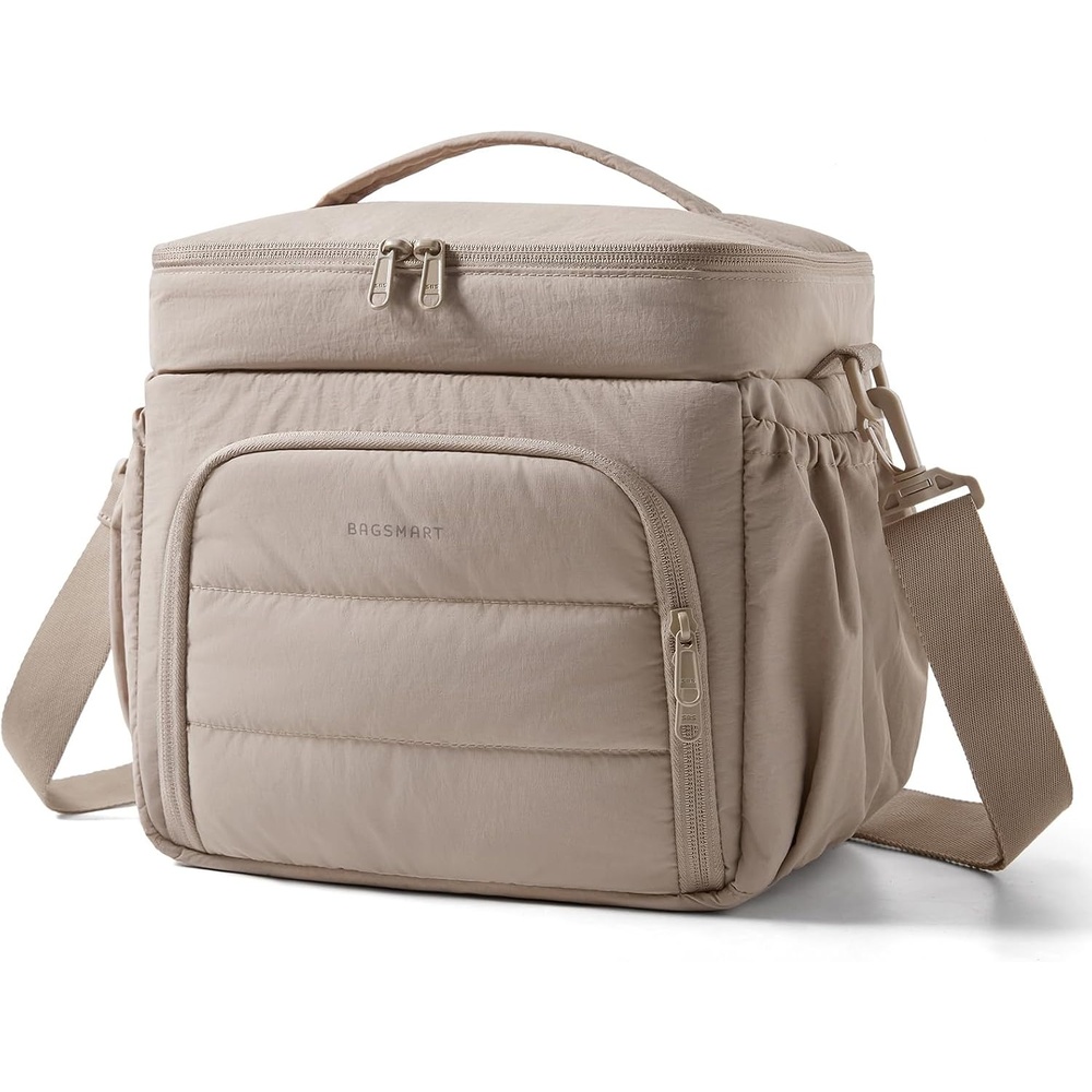 image:imageBAGSMART Puffy Insulated Lunch Bag Lightweight Large 14L Double Deck Lunch Box for Women Soft Cooler Tote for Office Work Travel Camping with Stretch Side Pockets Fits 40 oz Bottle Coffee BrownCamel