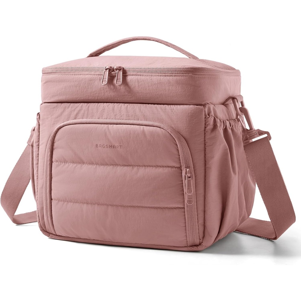 image:imageBAGSMART Puffy Insulated Lunch Bag Lightweight Large 14L Double Deck Lunch Box for Women Soft Cooler Tote for Office Work Travel Camping with Stretch Side Pockets Fits 40 oz Bottle Coffee BrownDark Pink