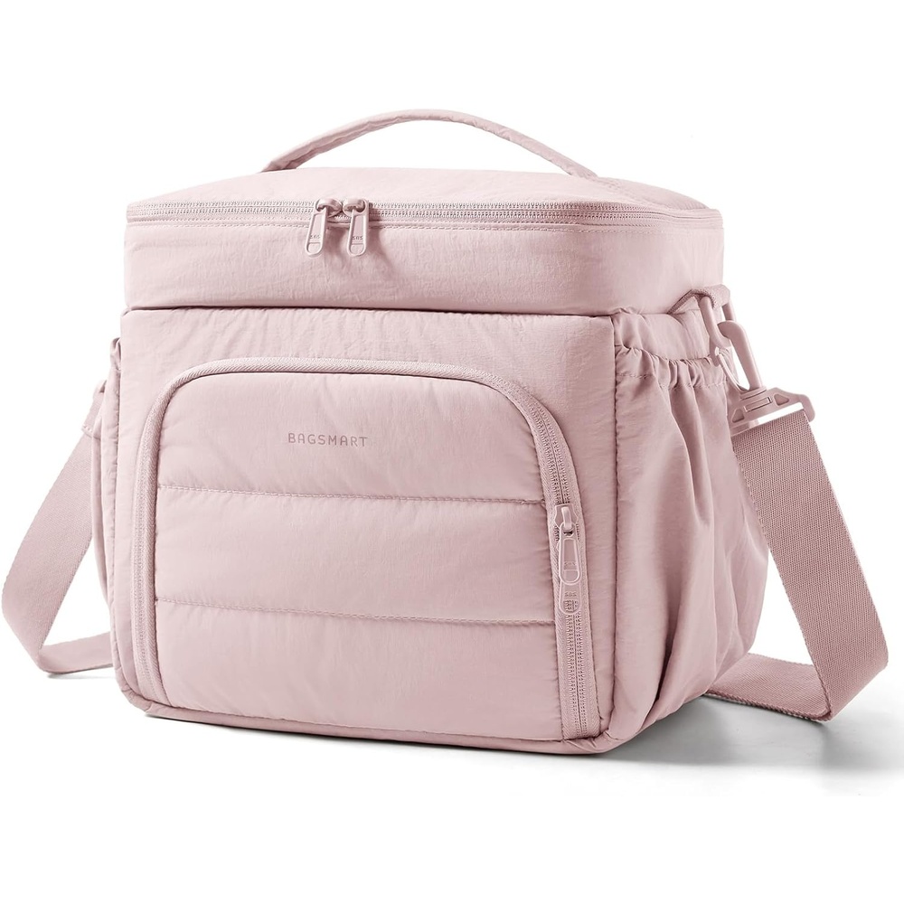 image:imageBAGSMART Puffy Insulated Lunch Bag Lightweight Large 14L Double Deck Lunch Box for Women Soft Cooler Tote for Office Work Travel Camping with Stretch Side Pockets Fits 40 oz Bottle Coffee BrownPink