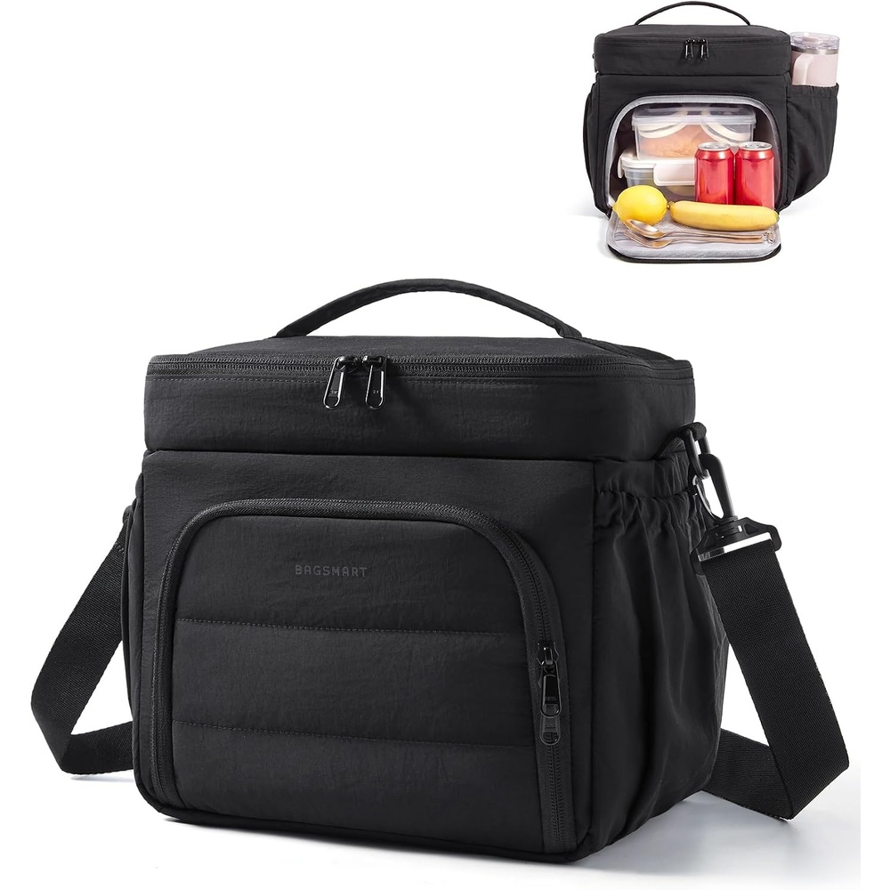 image:imageBAGSMART Puffy Insulated Lunch Bag Lightweight Large 14L Double Deck Lunch Box for Women Soft Cooler Tote for Office Work Travel Camping with Stretch Side Pockets Fits 40 oz Bottle Coffee BrownBlack