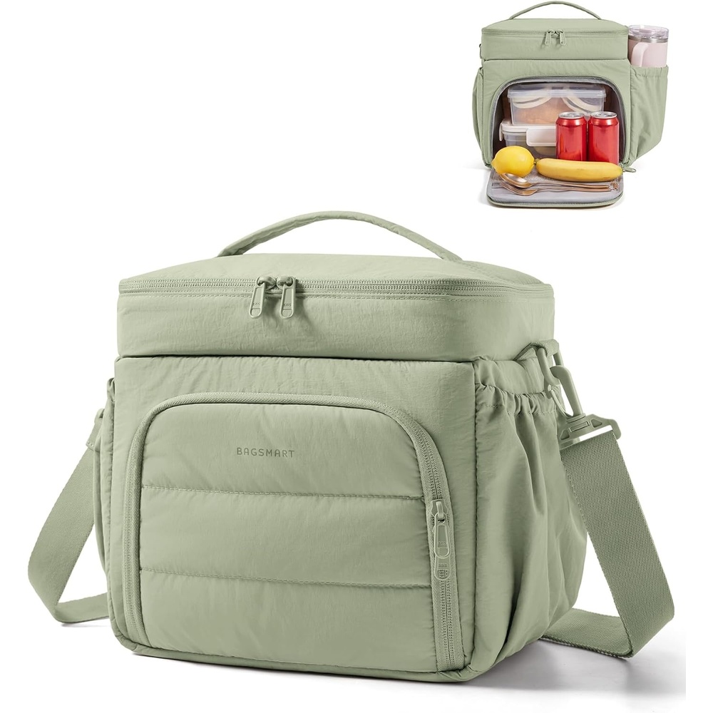 image:imageBAGSMART Puffy Insulated Lunch Bag Lightweight Large 14L Double Deck Lunch Box for Women Soft Cooler Tote for Office Work Travel Camping with Stretch Side Pockets Fits 40 oz Bottle Coffee BrownSage Green
