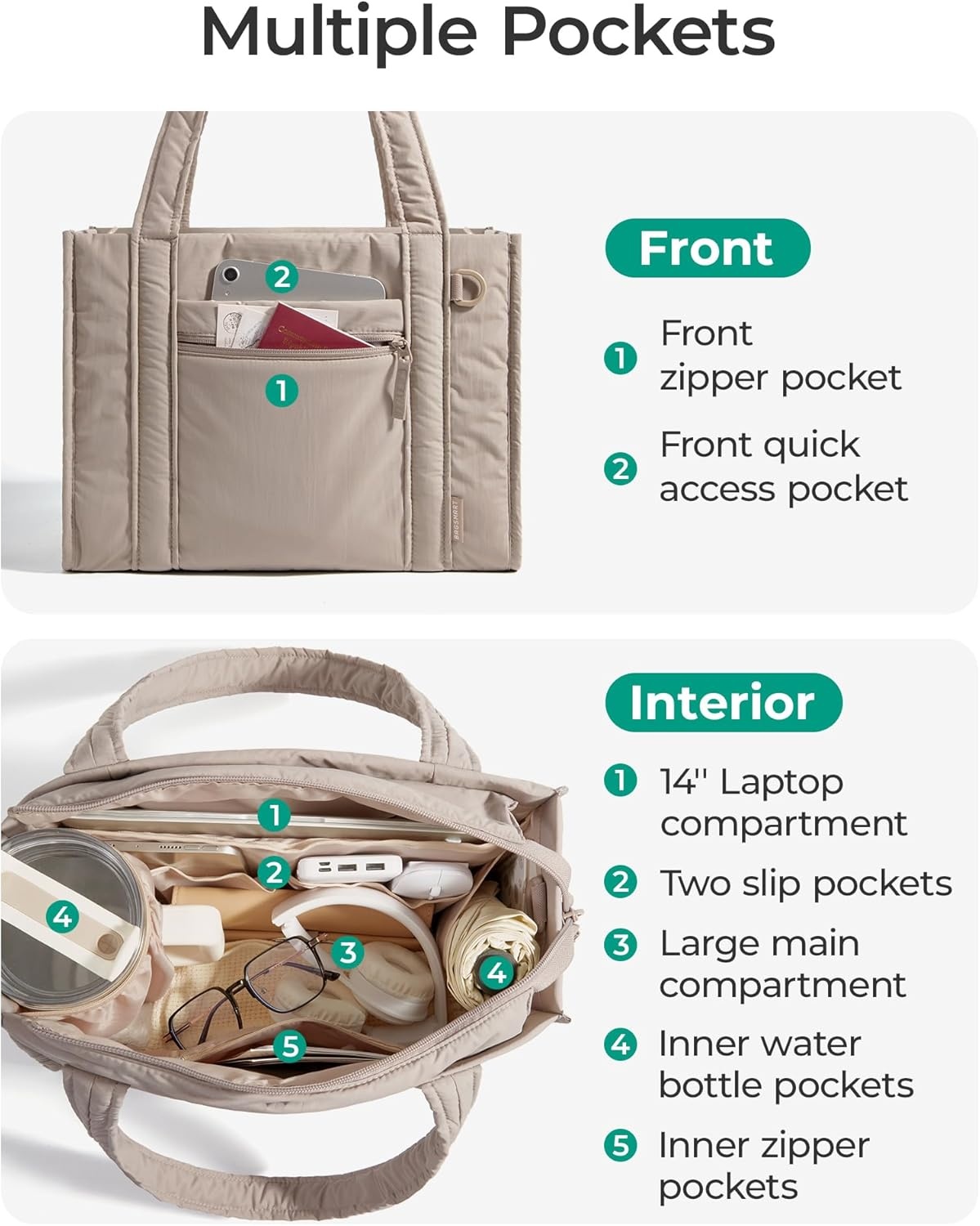 image:imageBAGSMART Boxy Tote Bag for Women Crossbody Bag with Zipper Crush Bow Purses for Travel Work CollegeCoffee