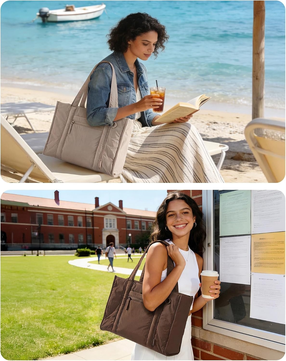 image:imageBAGSMART Boxy Tote Bag for Women Crossbody Bag with Zipper Crush Bow Purses for Travel Work CollegeCoffee