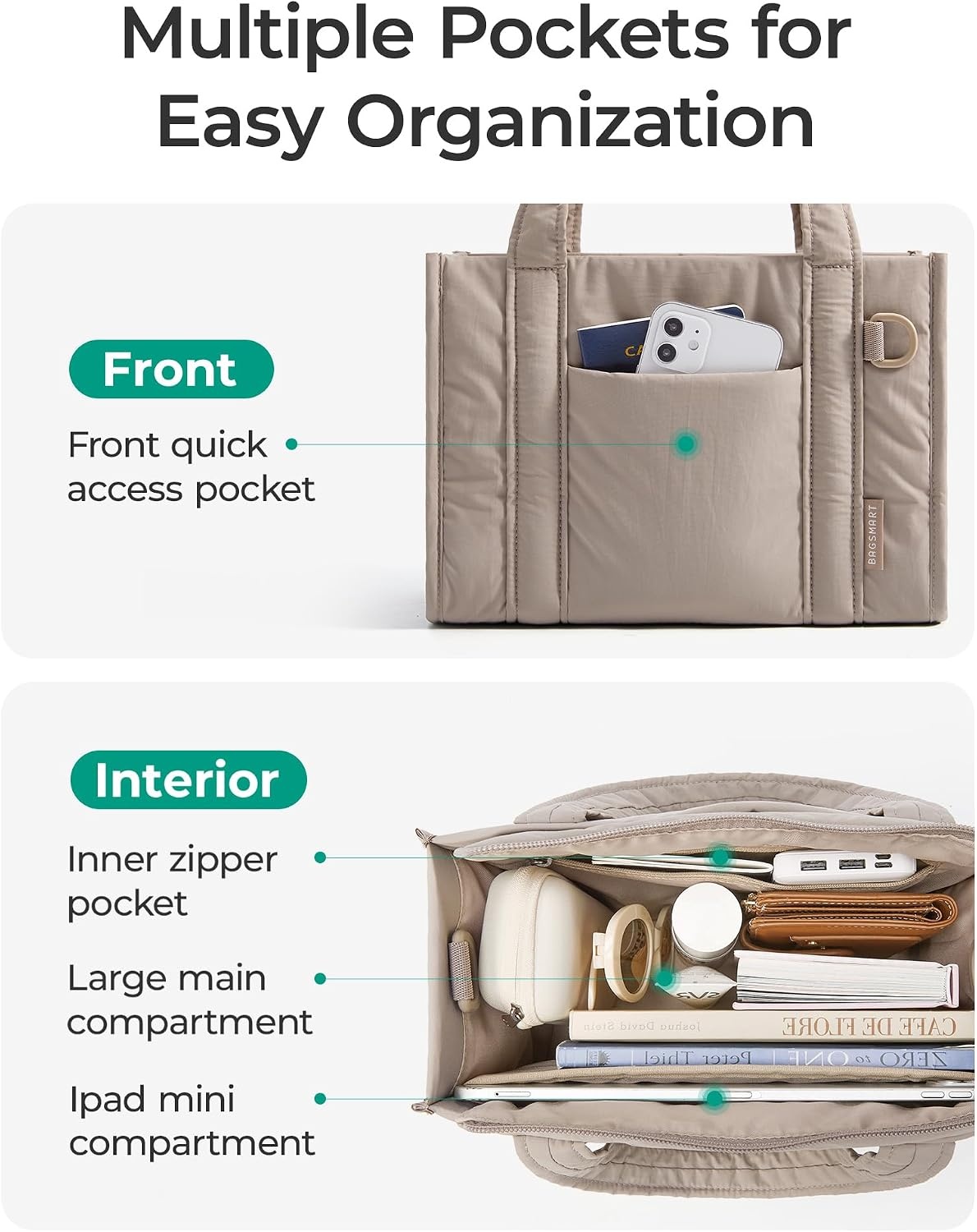 image:imageBAGSMART Boxy Tote Bag for Women Crossbody Bag with Zipper Crush Bow Purses for Travel Work CollegeKhaki
